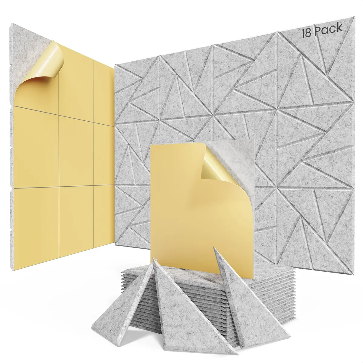 ROOME 18 Pack Self-Adhesive Acoustic Panels | Soundproof Foam for Walls, 0.4 Inch Thick, Gray | Noise Absorption - main product image