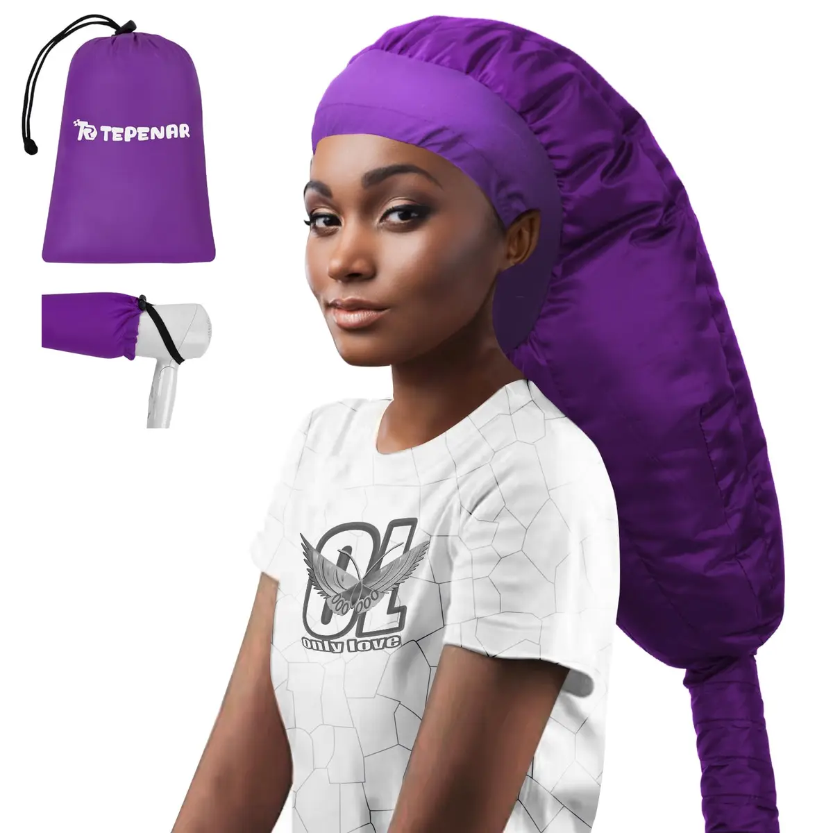 TEPENAR Hair Dryer Bonnet Attachment 40in | Extra Large Hood for Curly Hair, Fast Drying, Adjustable, Purple - main product image