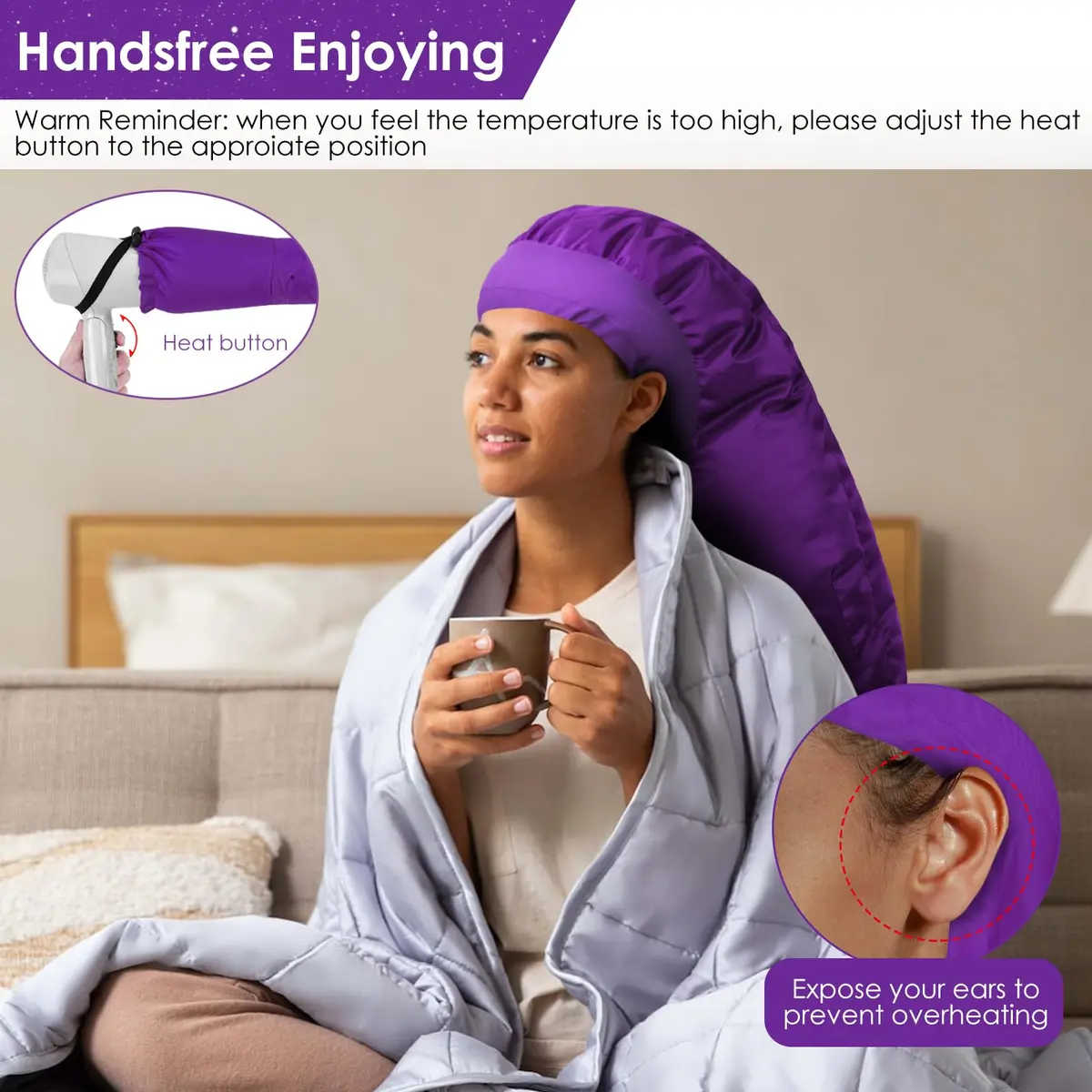TEPENAR Hair Dryer Bonnet Attachment 40in | Extra Large Hood for Curly Hair, Fast Drying, Adjustable, Purple - view 5