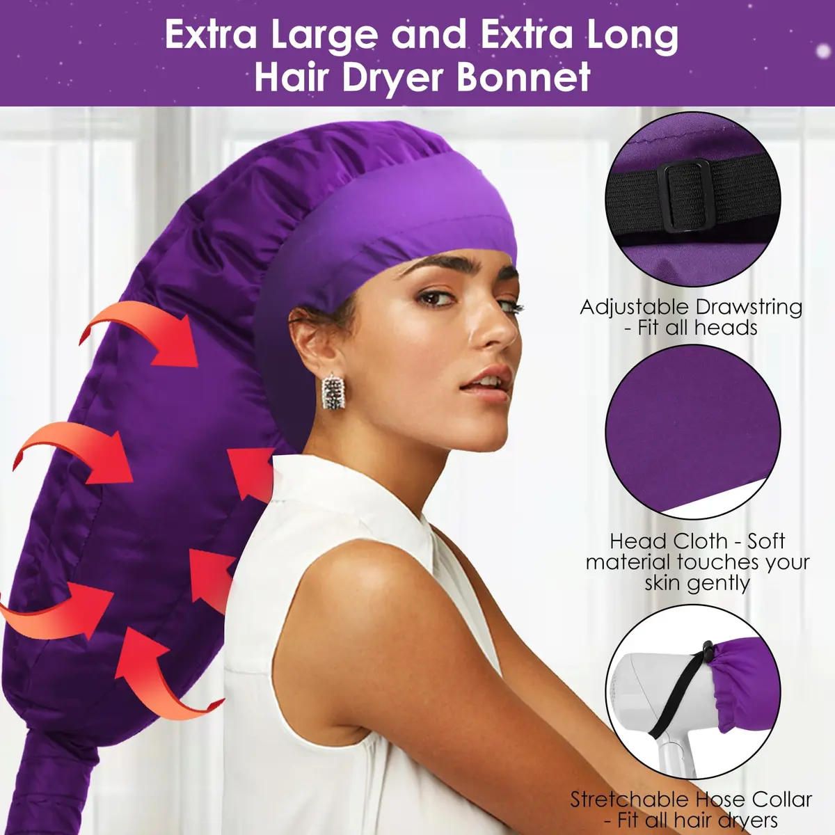 TEPENAR Hair Dryer Bonnet Attachment 40in | Extra Large Hood for Curly Hair, Fast Drying, Adjustable, Purple - view 2