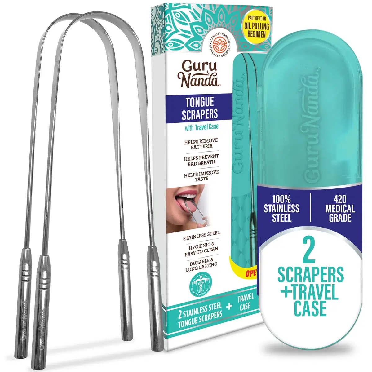 GuruNanda Tongue Scraper for Adults (2 Pack) with Travel Case | Stainless Steel Oral Care Tool - main product image
