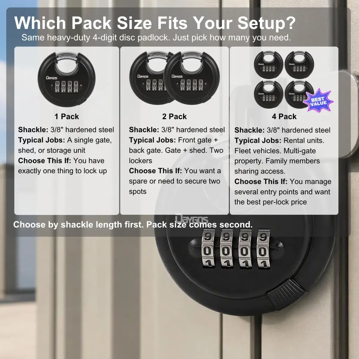 DAYGOS 4-Digit Combination Disc Padlock 2.75" Body, 3/8" Shackle | Heavy Duty Outdoor Lock for Storage Units, Gates, Fences (4-Pack, Black) - view 6