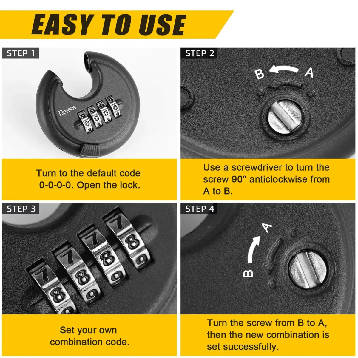 DAYGOS 4-Digit Combination Disc Padlock 2.75" Body, 3/8" Shackle | Heavy Duty Outdoor Lock for Storage Units, Gates, Fences (4-Pack, Black) - view 7