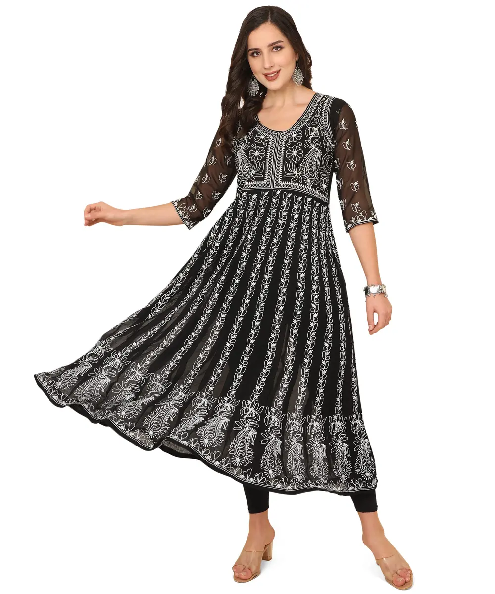 EthnicJunction Georgette Chikankari Embroidered Anarkali Kurta Medium Black 114cm (45 inches) | Authentic Indian Craftsmanship - main product image