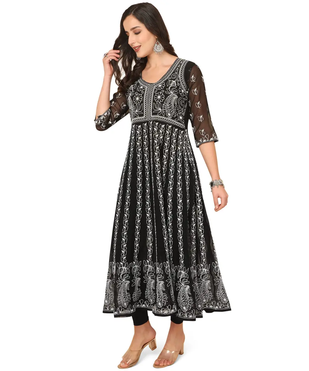 EthnicJunction Georgette Chikankari Embroidered Anarkali Kurta Medium Black 114cm (45 inches) | Authentic Indian Craftsmanship - view 5