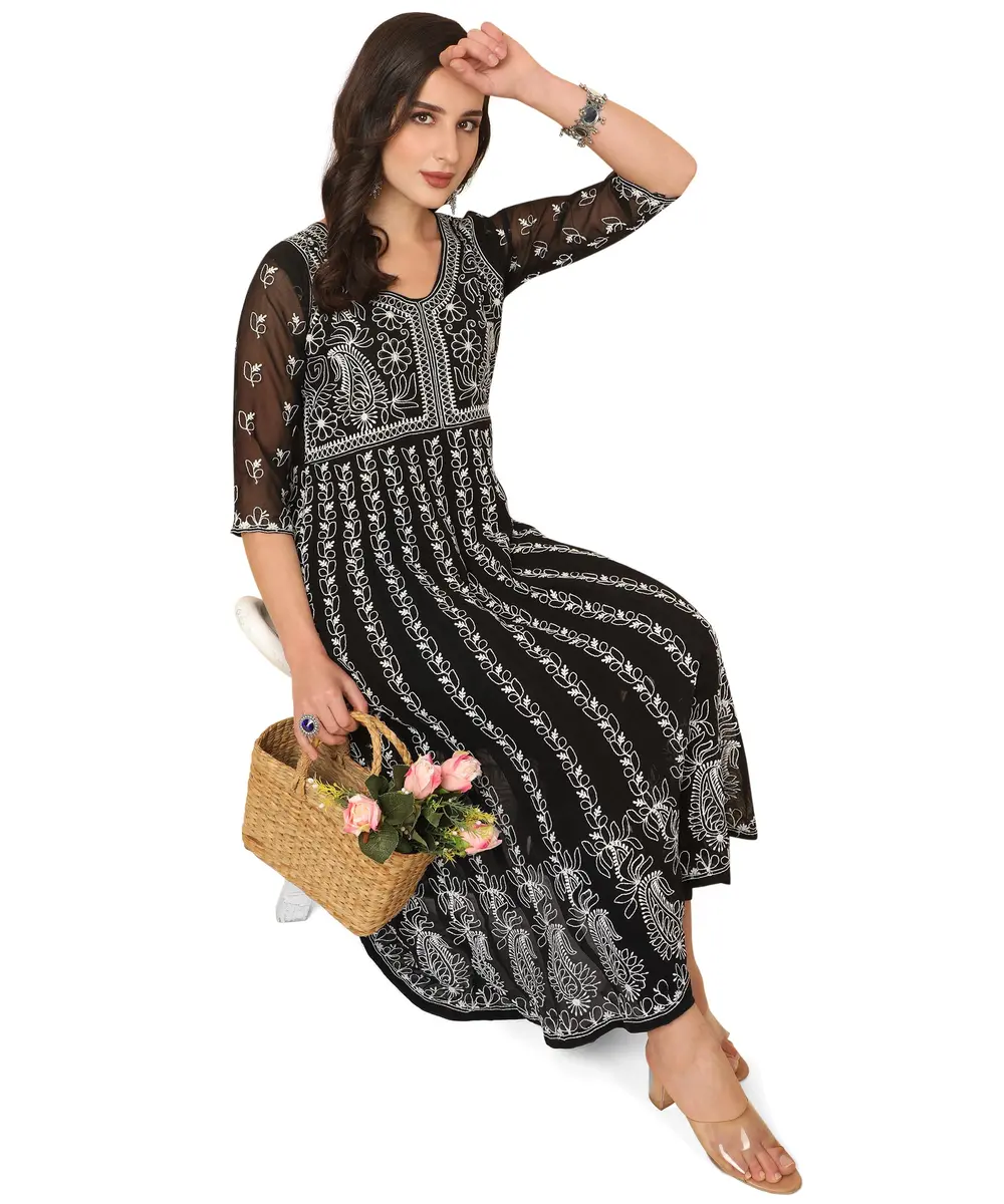 EthnicJunction Georgette Chikankari Embroidered Anarkali Kurta Medium Black 114cm (45 inches) | Authentic Indian Craftsmanship - view 6