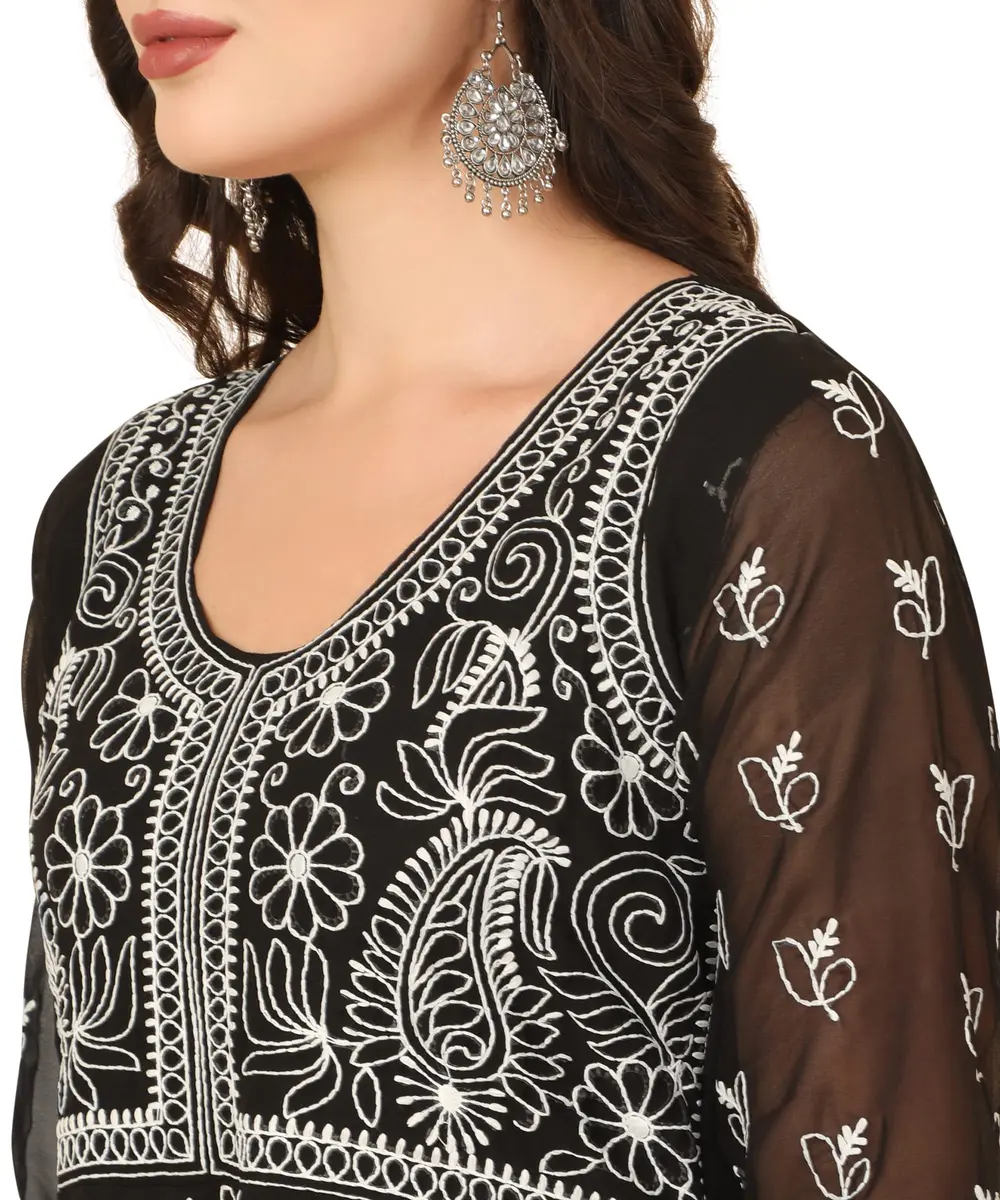 EthnicJunction Georgette Chikankari Embroidered Anarkali Kurta Medium Black 114cm (45 inches) | Authentic Indian Craftsmanship - view 7