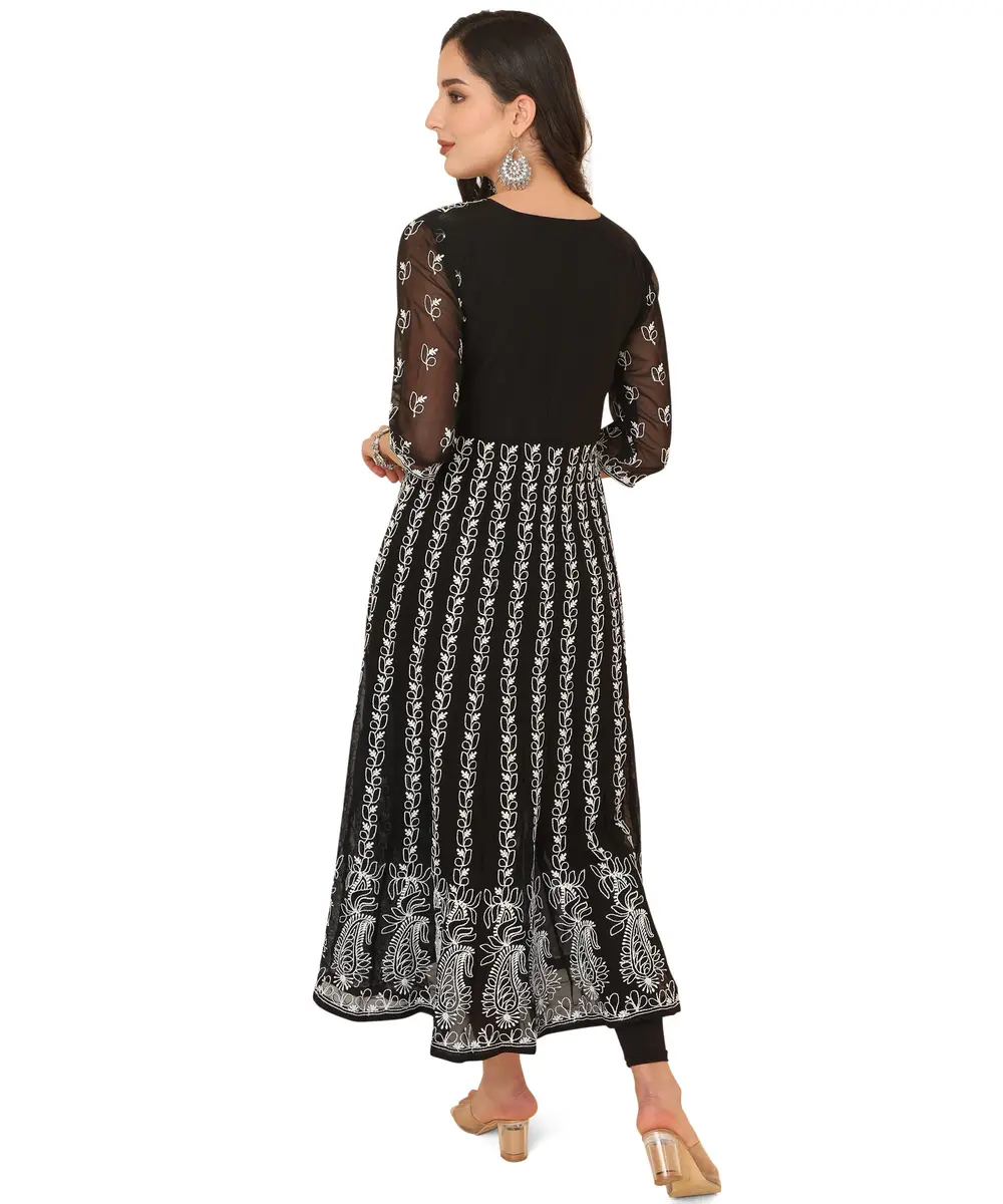 EthnicJunction Georgette Chikankari Embroidered Anarkali Kurta Medium Black 114cm (45 inches) | Authentic Indian Craftsmanship - view 8