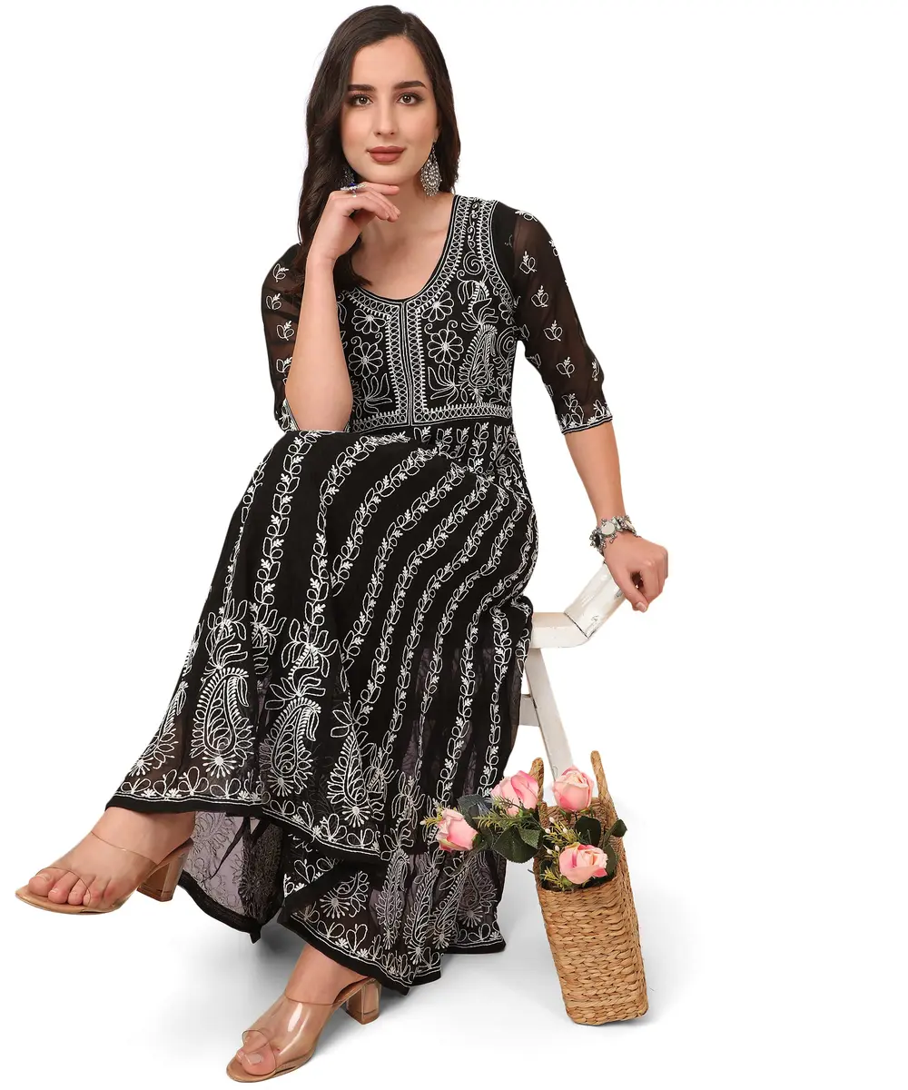 EthnicJunction Georgette Chikankari Embroidered Anarkali Kurta Medium Black 114cm (45 inches) | Authentic Indian Craftsmanship - view 2