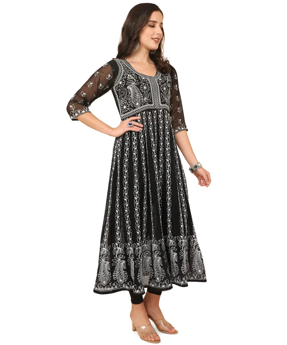 EthnicJunction Georgette Chikankari Embroidered Anarkali Kurta Medium Black 114cm (45 inches) | Authentic Indian Craftsmanship - view 3