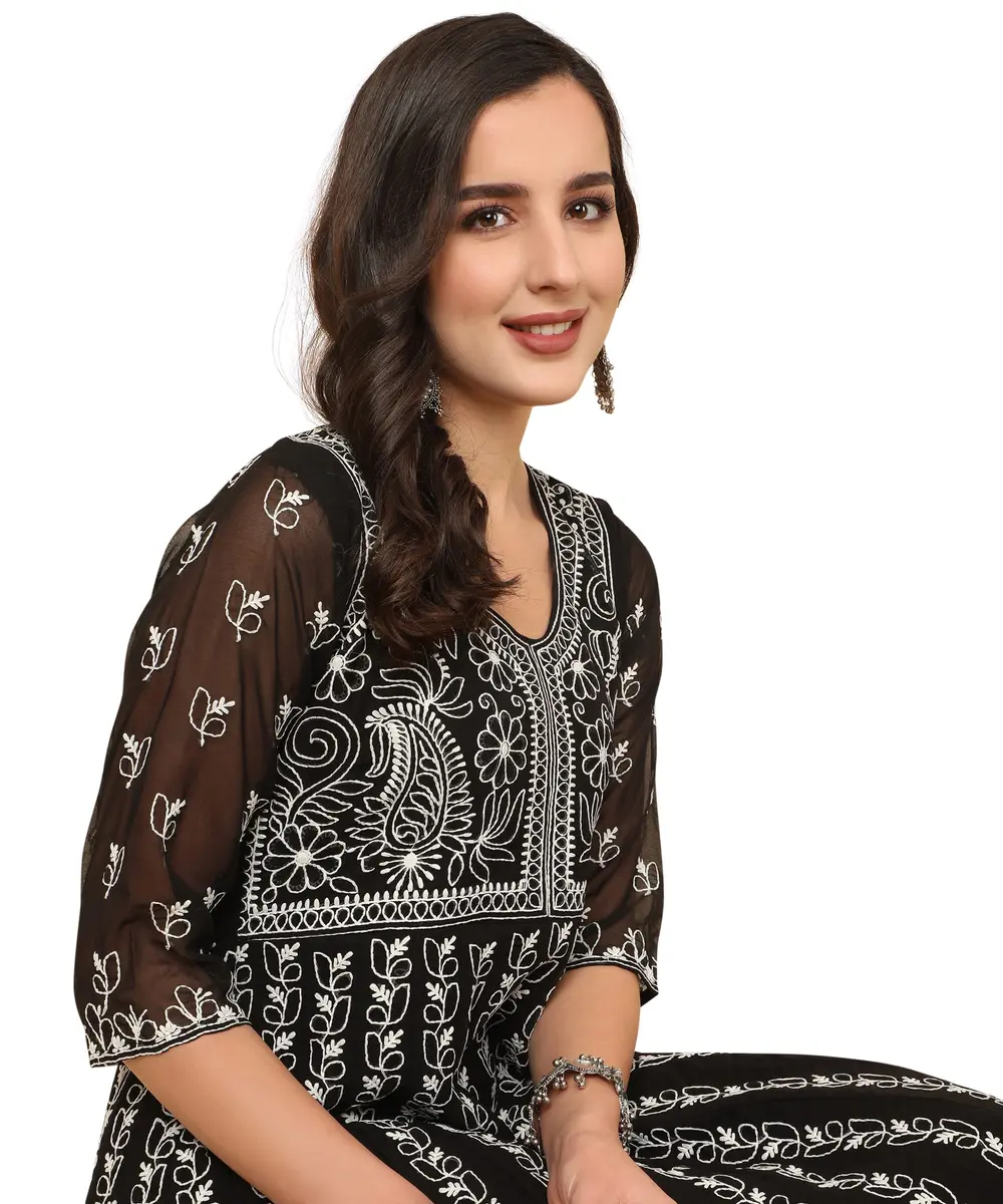 EthnicJunction Georgette Chikankari Embroidered Anarkali Kurta Medium Black 114cm (45 inches) | Authentic Indian Craftsmanship - view 4