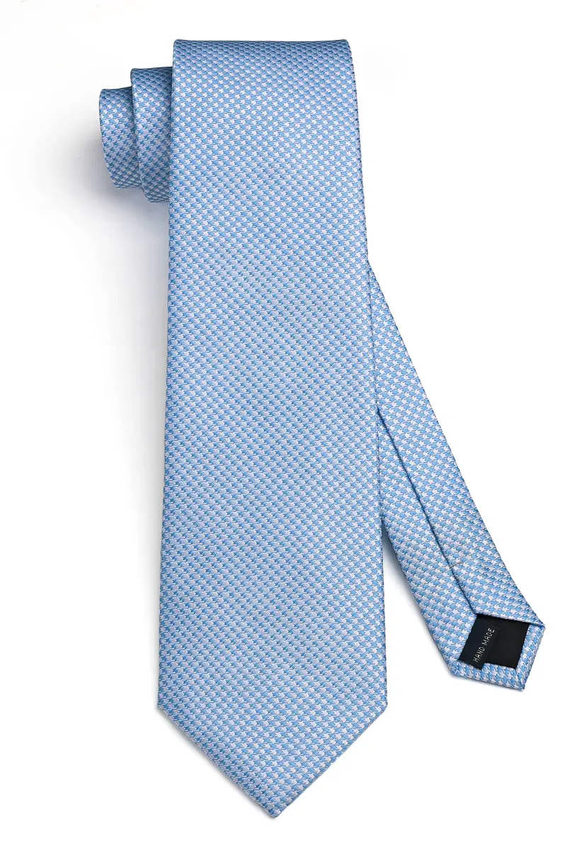 HISDERN Baby Blue Plaid Men's Silk Tie & Pocket Square Set | Classic Formal Necktie for Weddings & Business - view 5