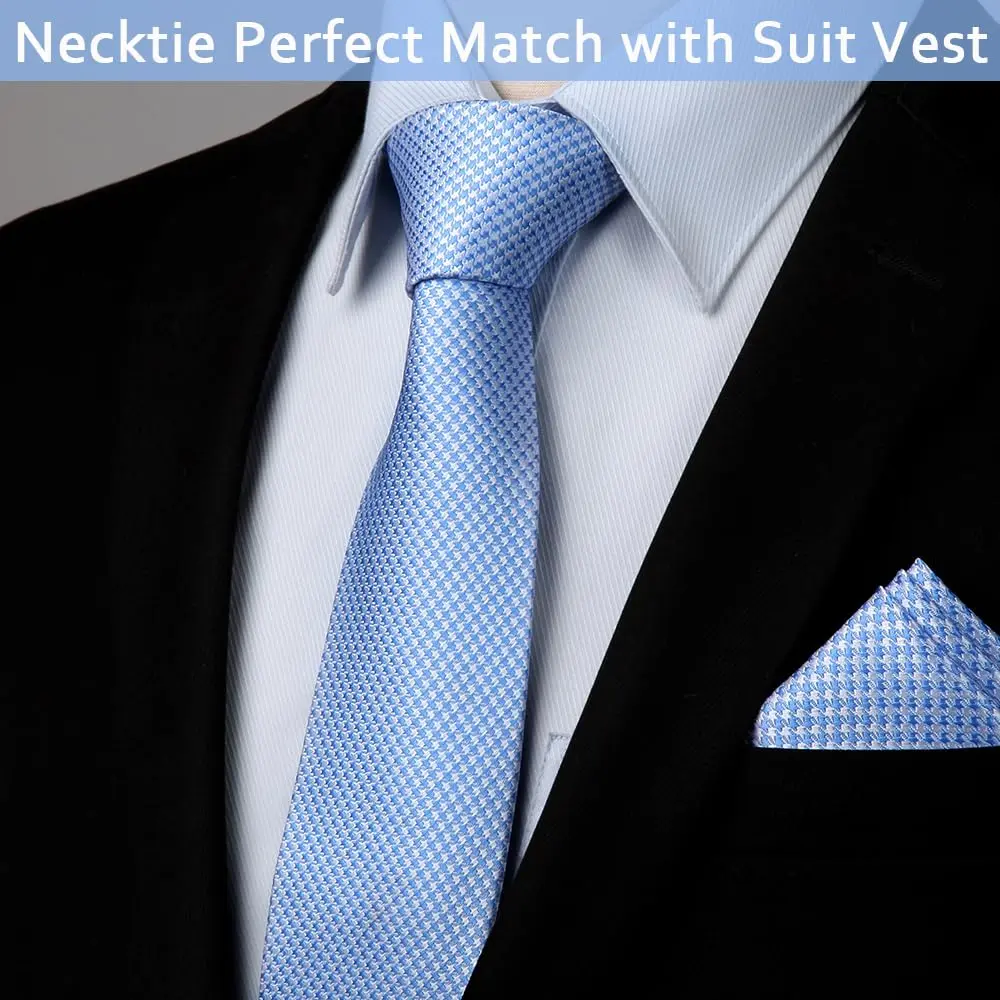 HISDERN Baby Blue Plaid Men's Silk Tie & Pocket Square Set | Classic Formal Necktie for Weddings & Business - view 6
