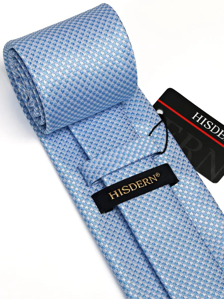 HISDERN Baby Blue Plaid Men's Silk Tie & Pocket Square Set | Classic Formal Necktie for Weddings & Business - view 7