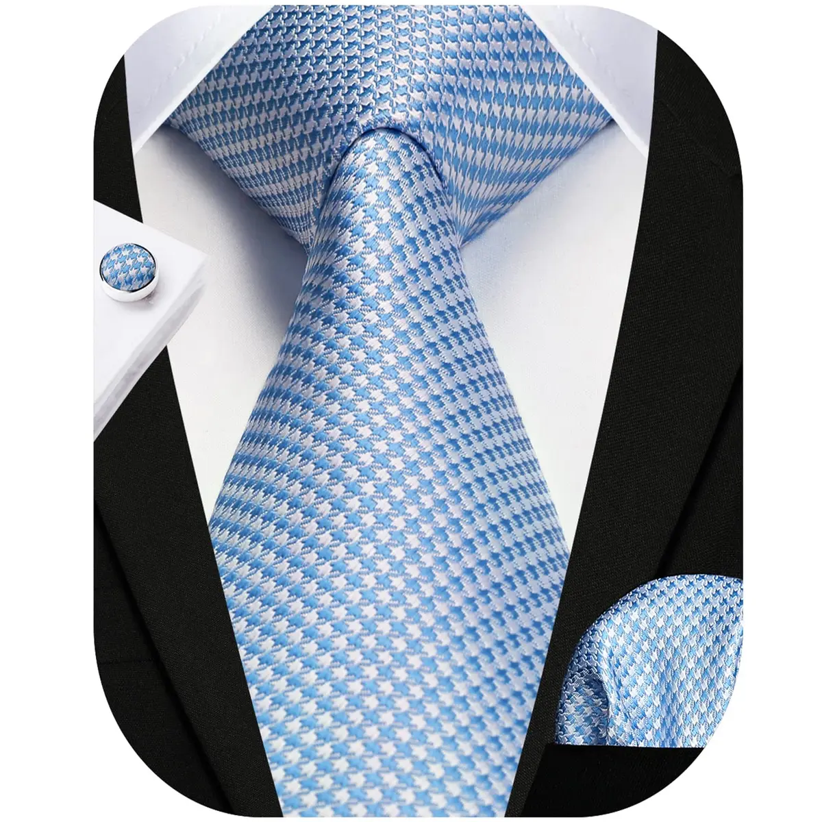 HISDERN Baby Blue Plaid Men's Silk Tie & Pocket Square Set | Classic Formal Necktie for Weddings & Business - view 9