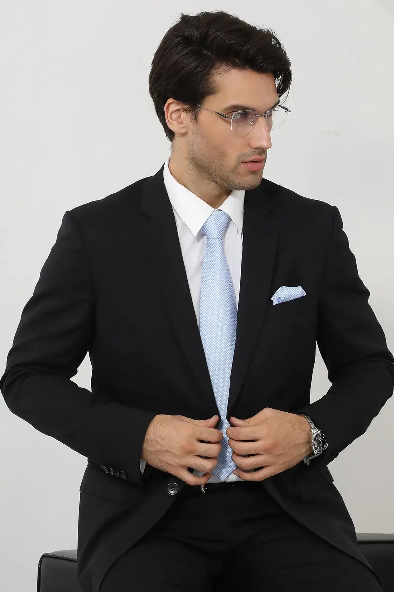 HISDERN Baby Blue Plaid Men's Silk Tie & Pocket Square Set | Classic Formal Necktie for Weddings & Business - view 2