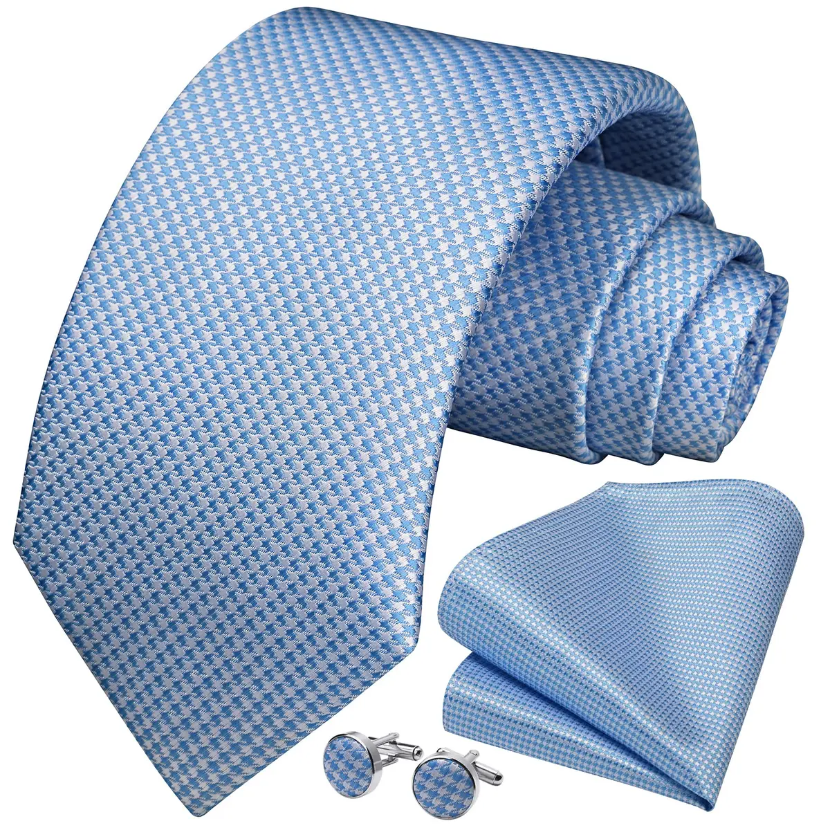 HISDERN Baby Blue Plaid Men's Silk Tie & Pocket Square Set | Classic Formal Necktie for Weddings & Business - view 3