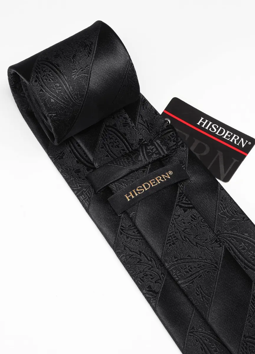 HISDERN Black Stripe Tie Set for Men with Pocket Square & Cufflinks | 8.5 cm (3.4") x 150 cm (59") - view 5