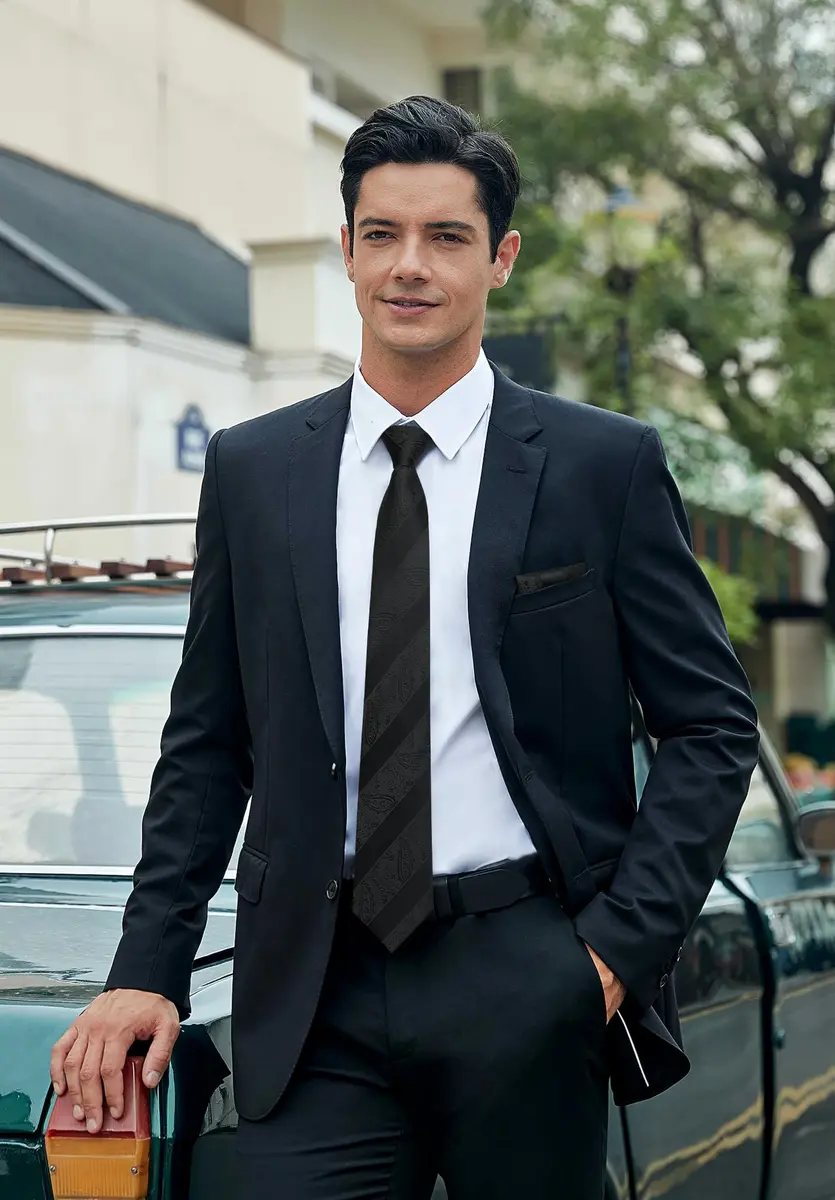 HISDERN Black Stripe Tie Set for Men with Pocket Square & Cufflinks | 8.5 cm (3.4") x 150 cm (59") - view 2