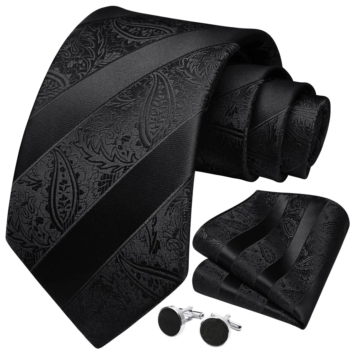 HISDERN Black Stripe Tie Set for Men with Pocket Square & Cufflinks | 8.5 cm (3.4") x 150 cm (59") - view 3