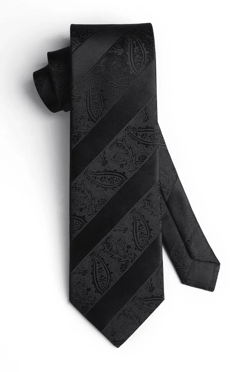 HISDERN Black Stripe Tie Set for Men with Pocket Square & Cufflinks | 8.5 cm (3.4") x 150 cm (59") - view 4