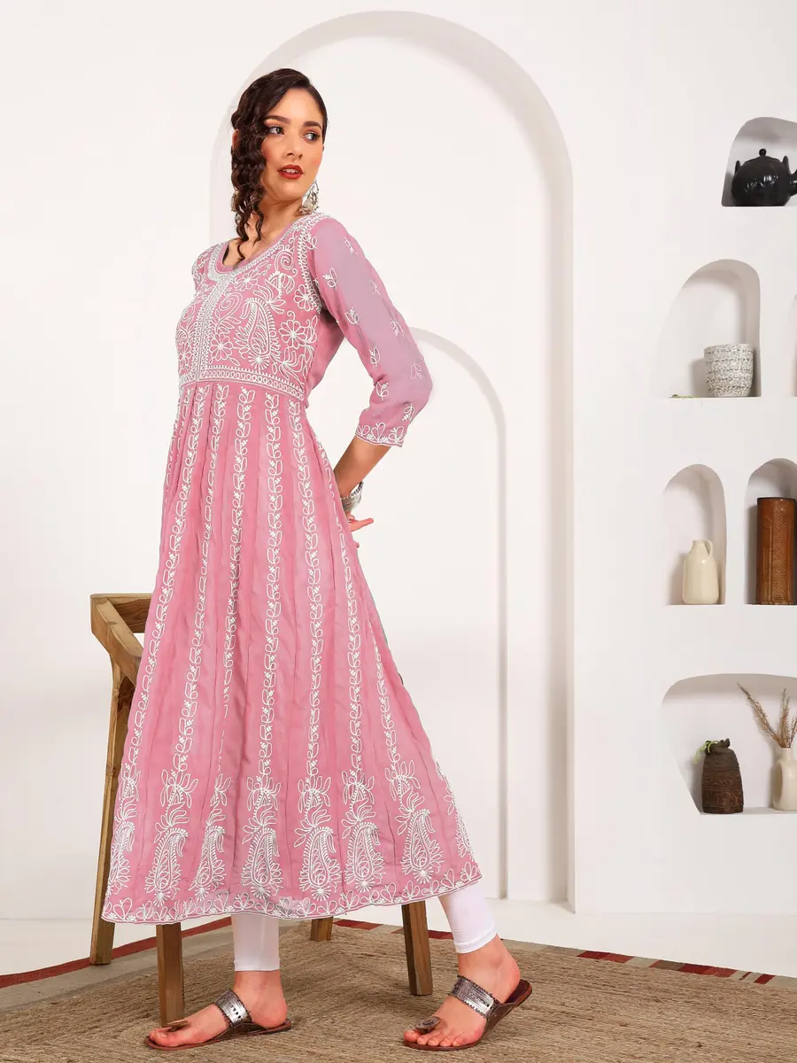EthnicJunction Women's Georgette Chikankari Embroidered Anarkali Kurta Small Peach 45 inches (114.3 cm) - view 5