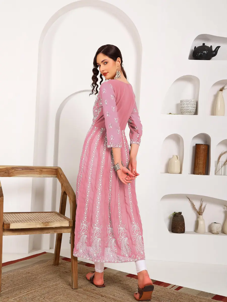 EthnicJunction Women's Georgette Chikankari Embroidered Anarkali Kurta Small Peach 45 inches (114.3 cm) - view 6