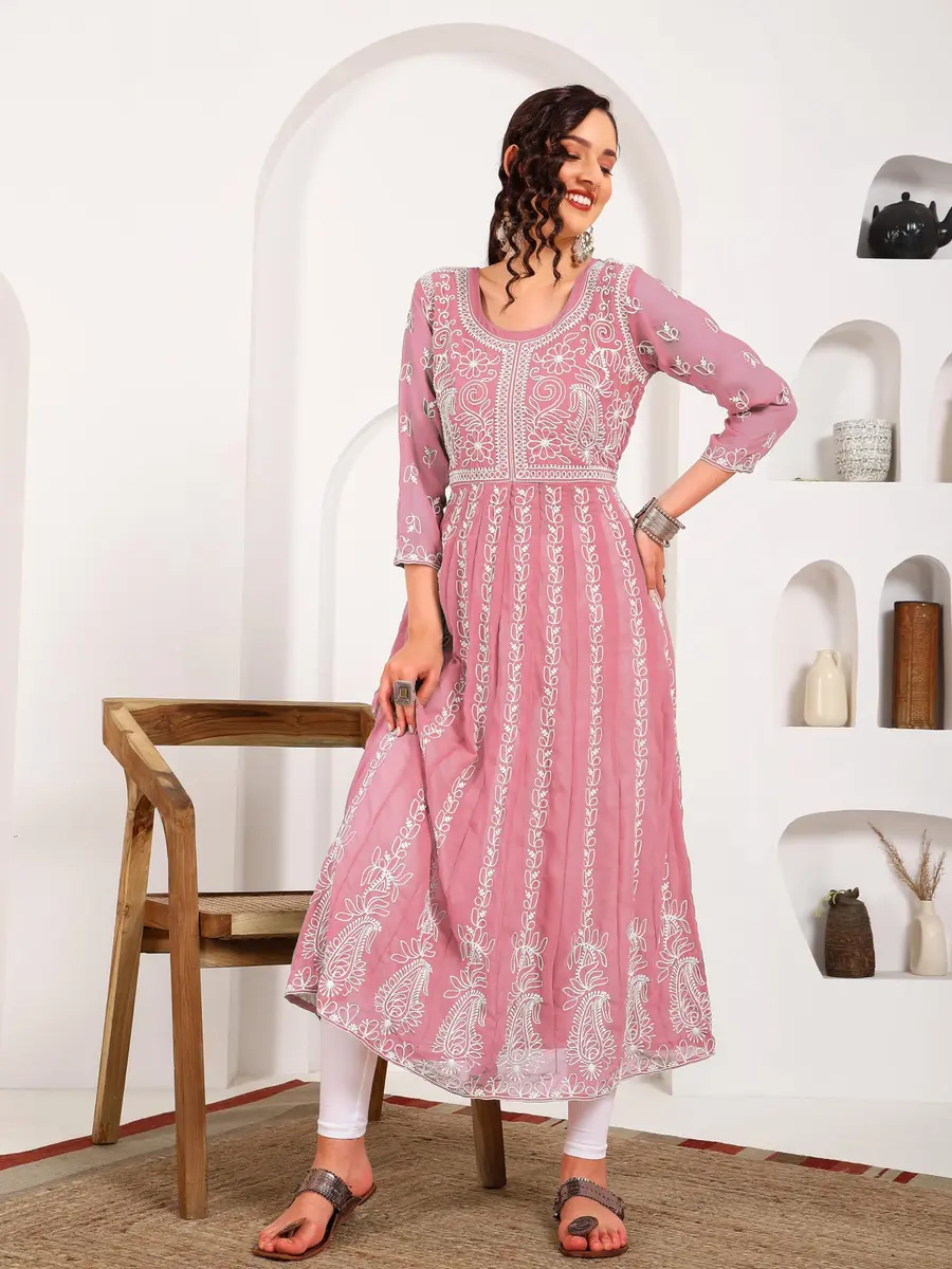 EthnicJunction Women's Georgette Chikankari Embroidered Anarkali Kurta Small Peach 45 inches (114.3 cm) - view 2