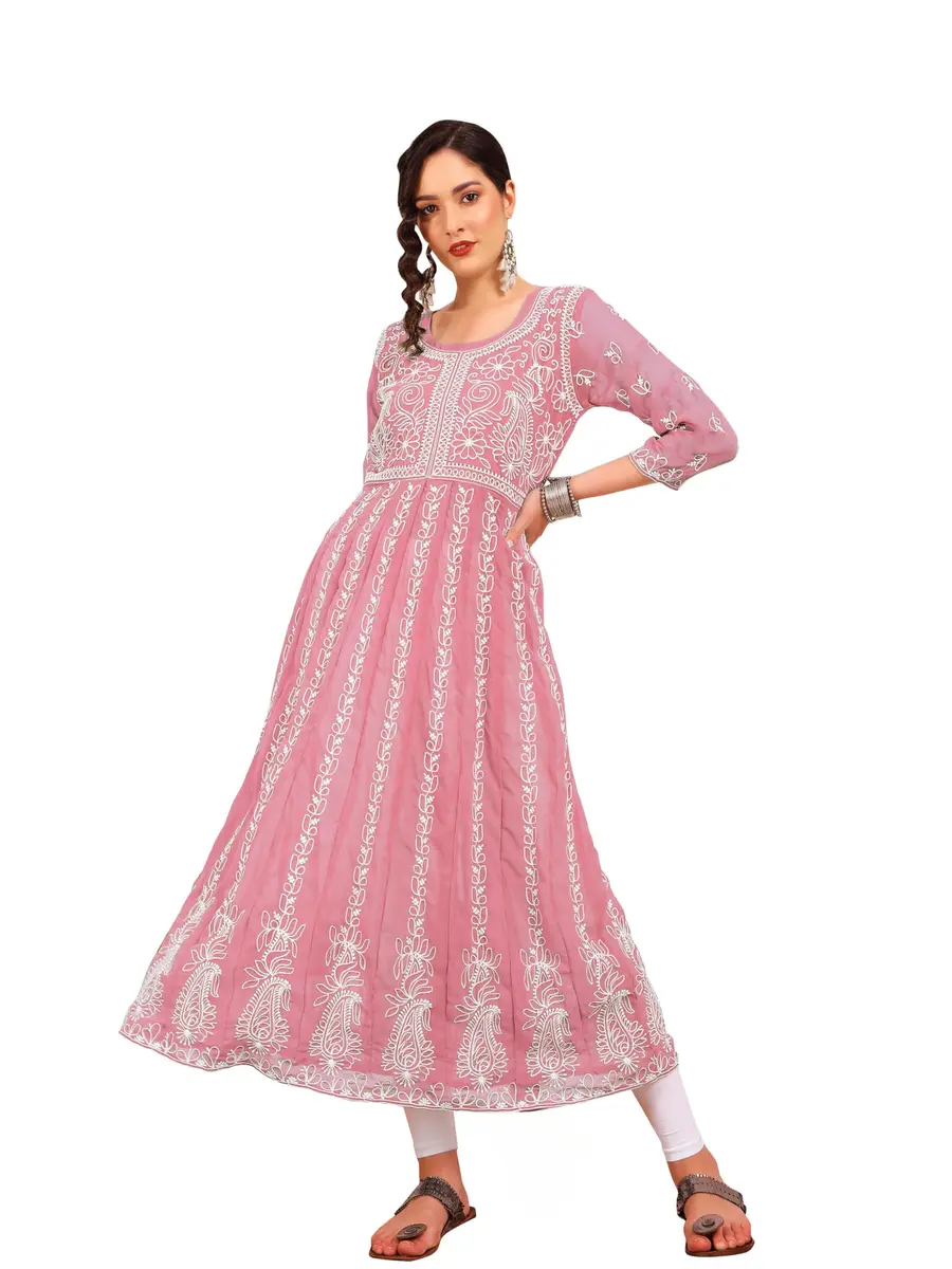 EthnicJunction Women's Georgette Chikankari Embroidered Anarkali Kurta Medium Peach 45 inches (114.3 cm) - main product image