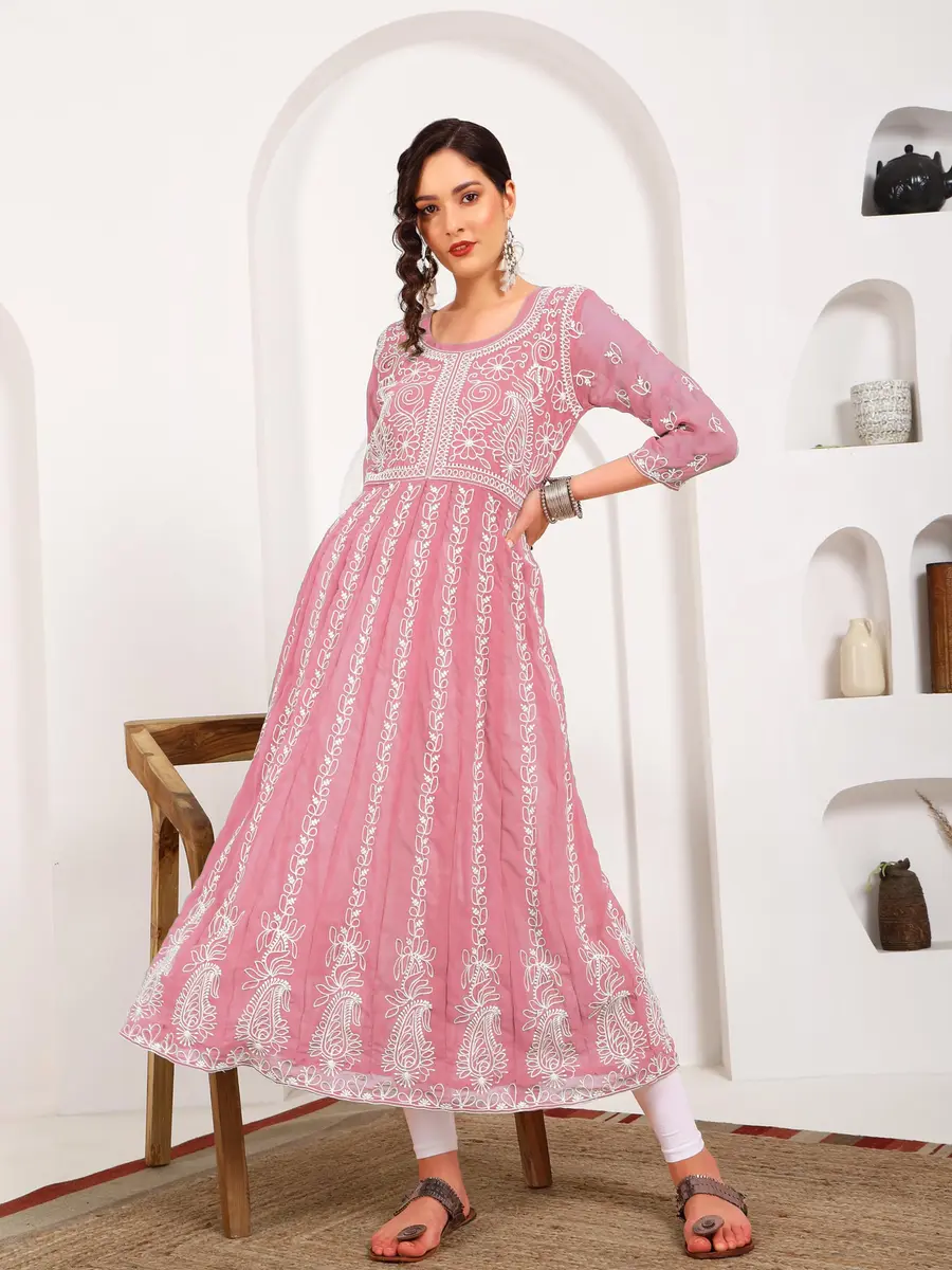 EthnicJunction Women's Georgette Chikankari Embroidered Anarkali Kurta Medium Peach 45 inches (114.3 cm) - view 3