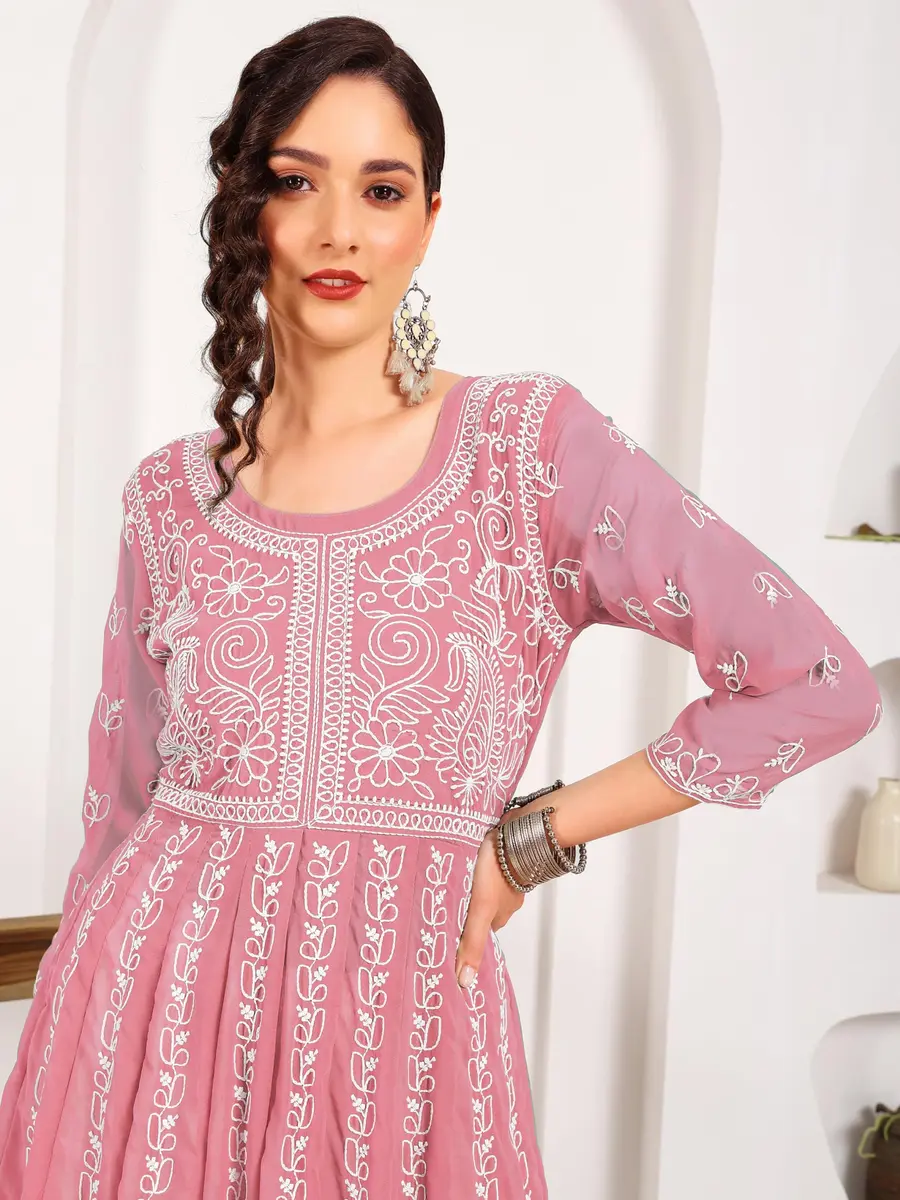 EthnicJunction Women's Georgette Chikankari Embroidered Anarkali Kurta Medium Peach 45 inches (114.3 cm) - view 4