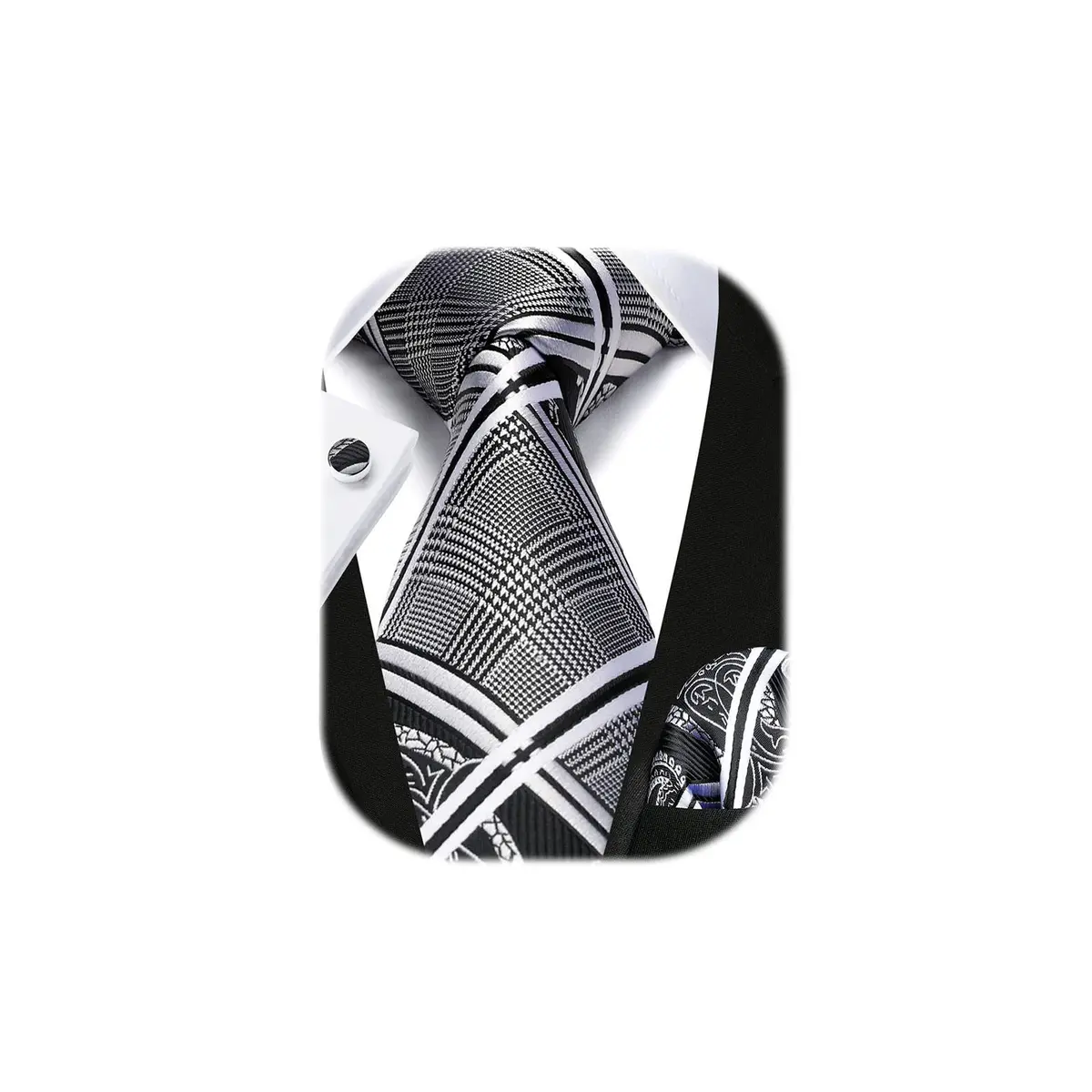 HISDERN Stripe Necktie Set for Men, Black & White Silk Blend Tie 8.5 cm (3.4") x 150 cm (59") | Formal Business Wedding - main product image