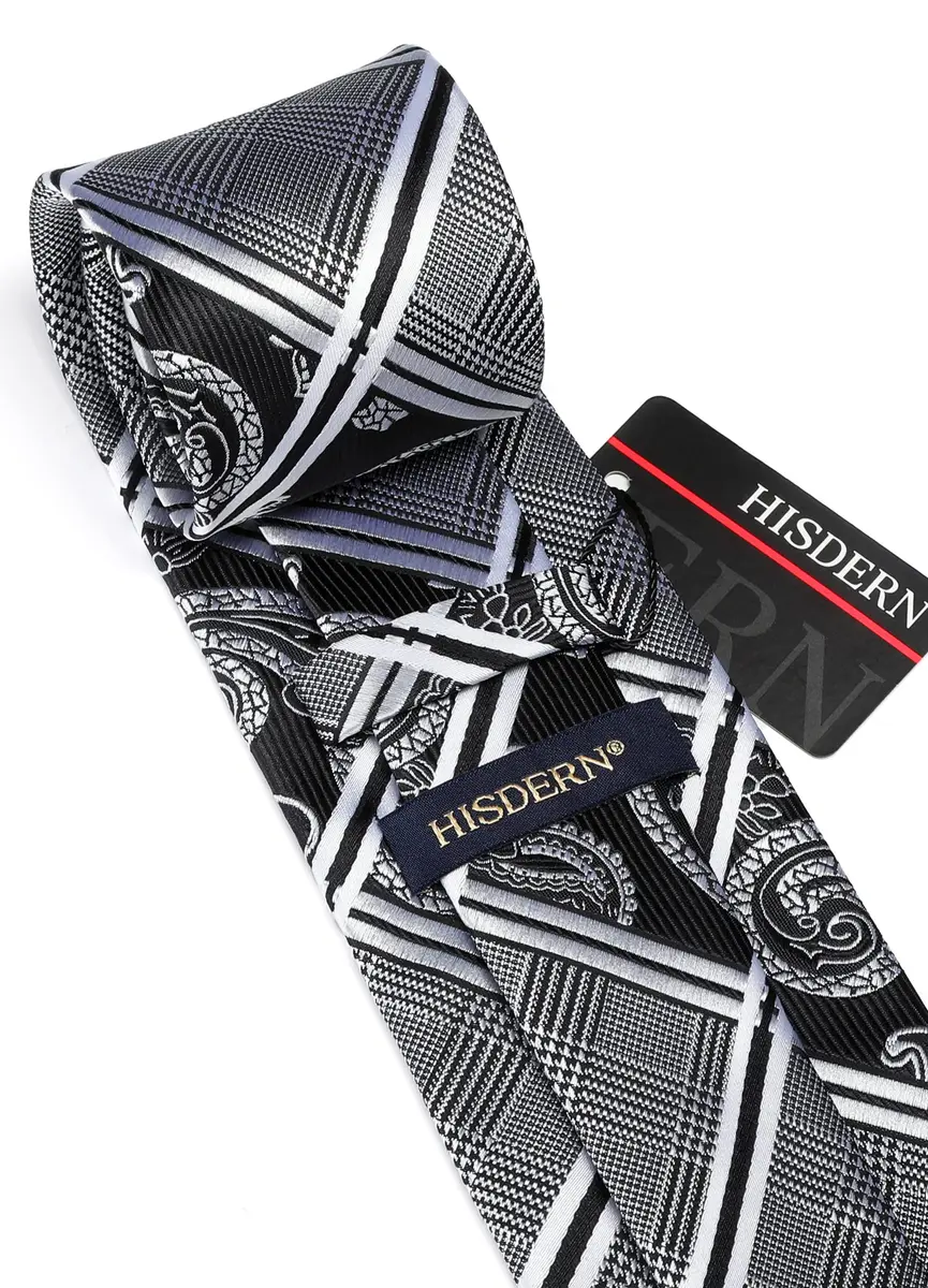 HISDERN Stripe Necktie Set for Men, Black & White Silk Blend Tie 8.5 cm (3.4") x 150 cm (59") | Formal Business Wedding - view 5