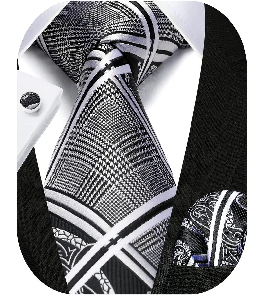 HISDERN Stripe Necktie Set for Men, Black & White Silk Blend Tie 8.5 cm (3.4") x 150 cm (59") | Formal Business Wedding - view 8