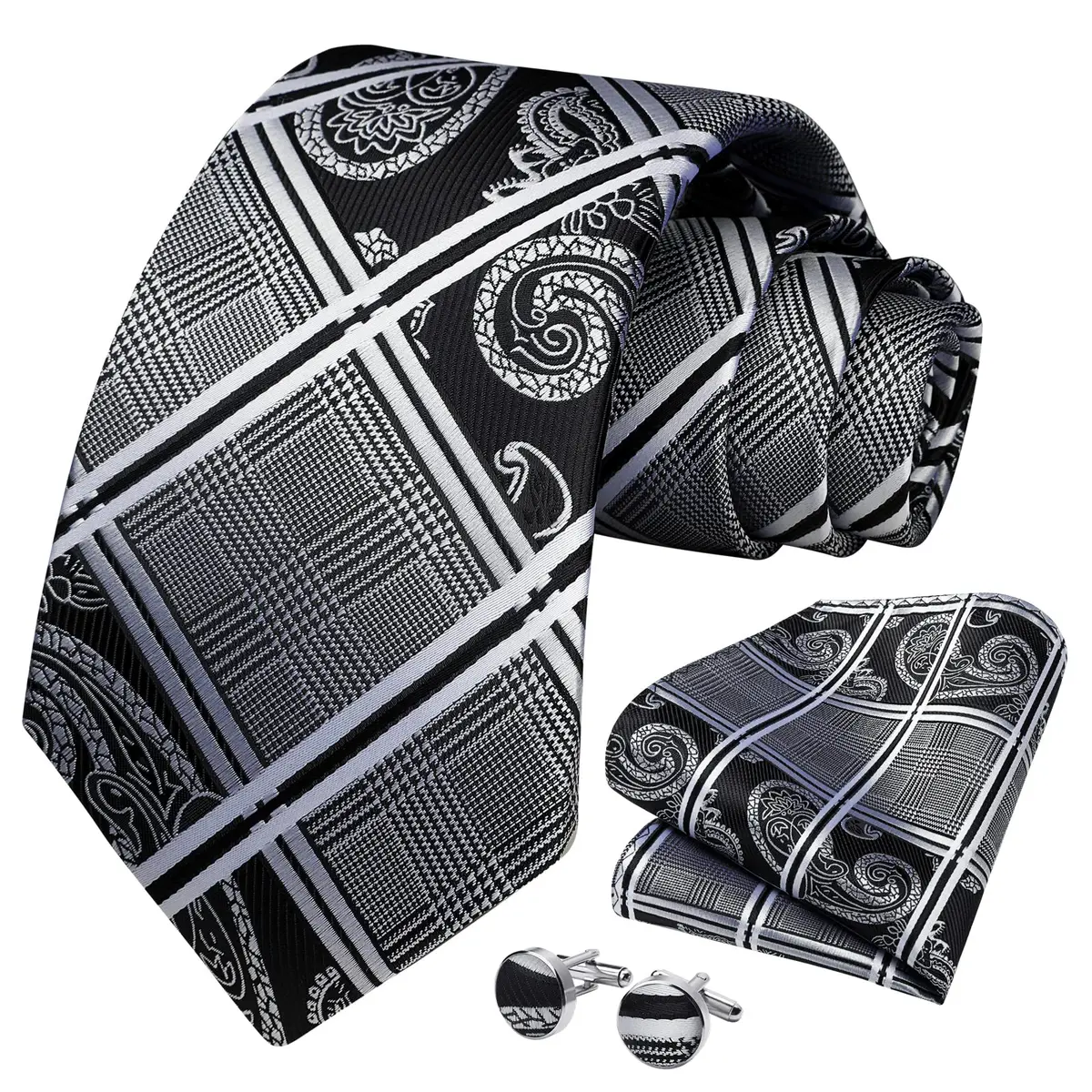 HISDERN Stripe Necktie Set for Men, Black & White Silk Blend Tie 8.5 cm (3.4") x 150 cm (59") | Formal Business Wedding - view 3