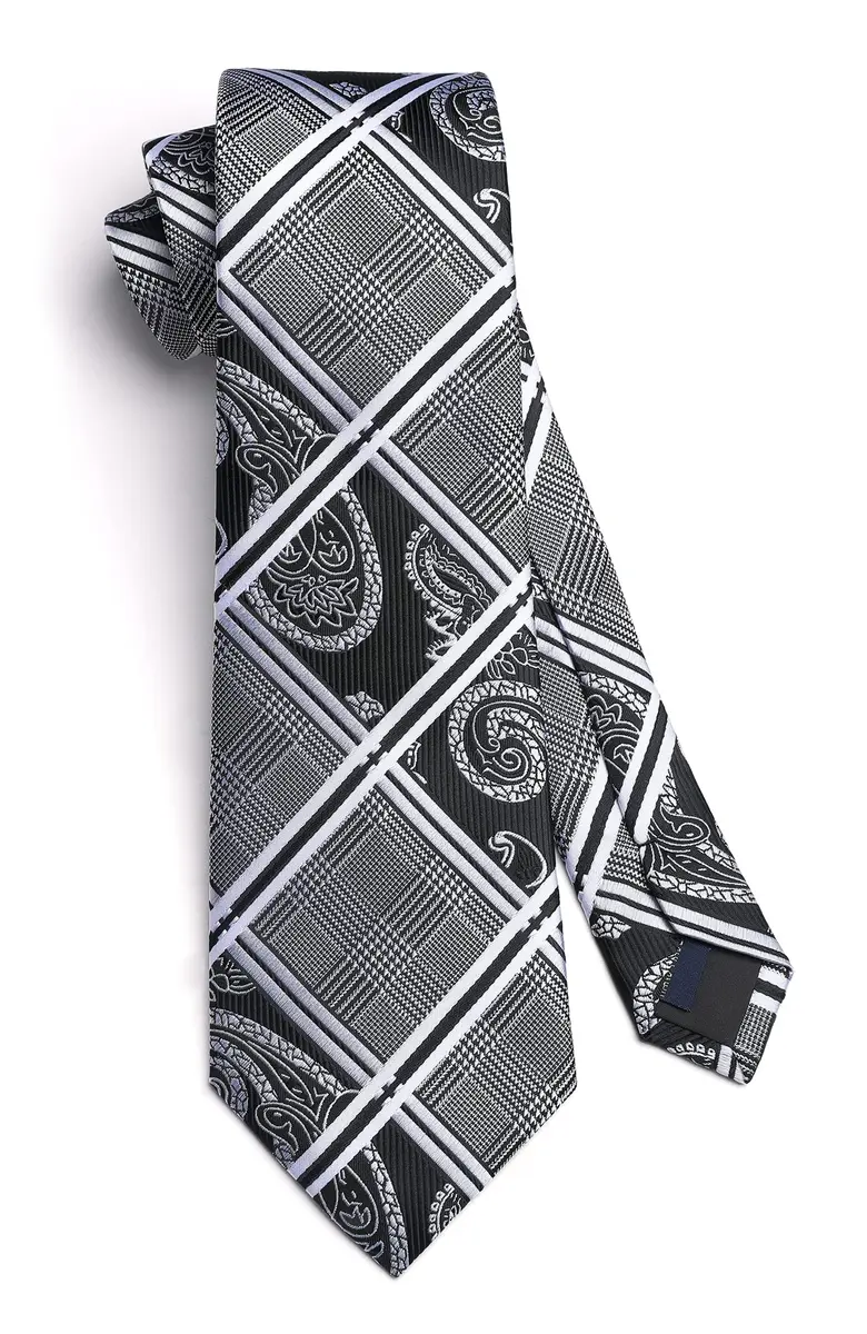 HISDERN Stripe Necktie Set for Men, Black & White Silk Blend Tie 8.5 cm (3.4") x 150 cm (59") | Formal Business Wedding - view 4