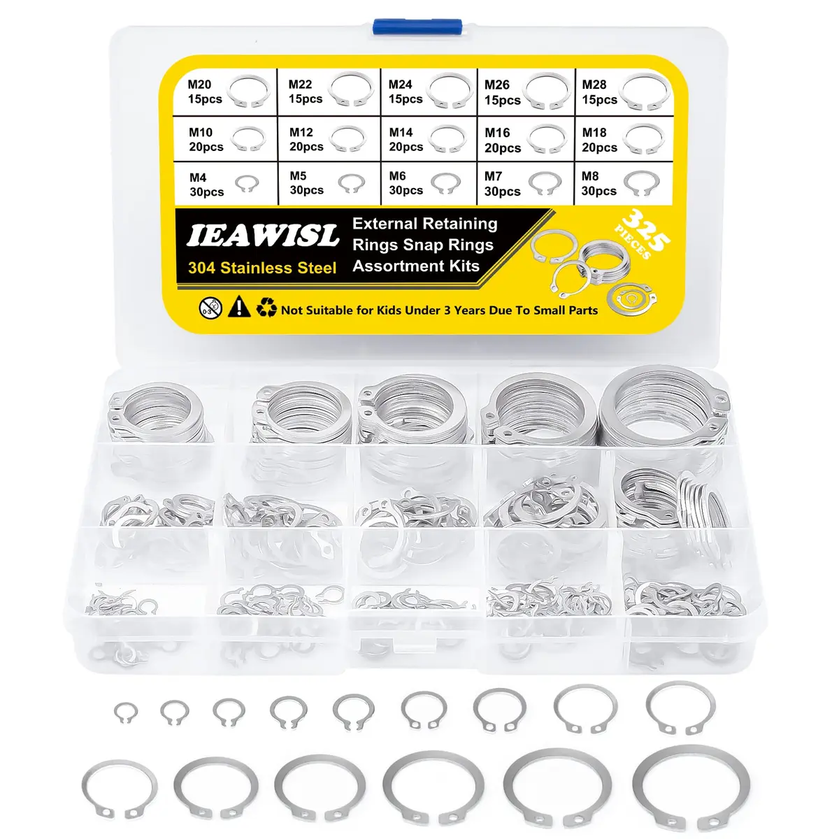 IEAWISL 325 PCS External Snap Rings M4-M28 | 304 Stainless Steel C-Clips for Moving Parts - main product image