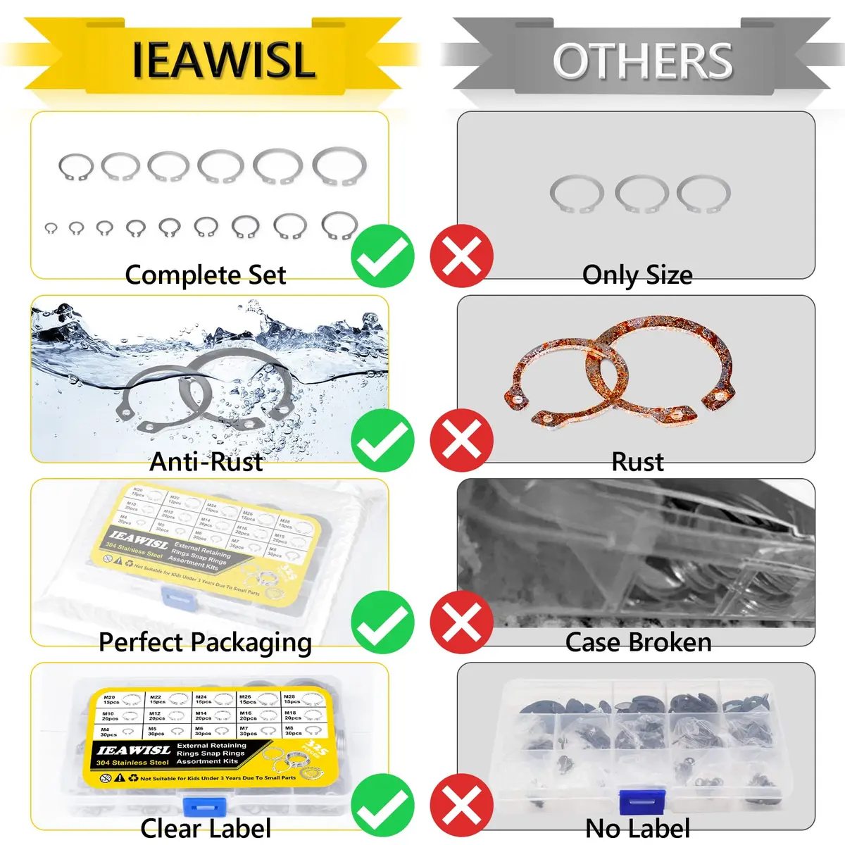IEAWISL 325 PCS External Snap Rings M4-M28 | 304 Stainless Steel C-Clips for Moving Parts - view 2