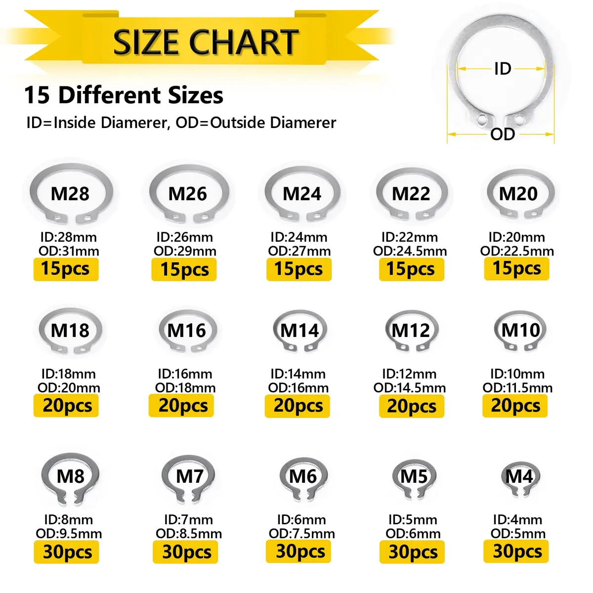 IEAWISL 325 PCS External Snap Rings M4-M28 | 304 Stainless Steel C-Clips for Moving Parts - view 4