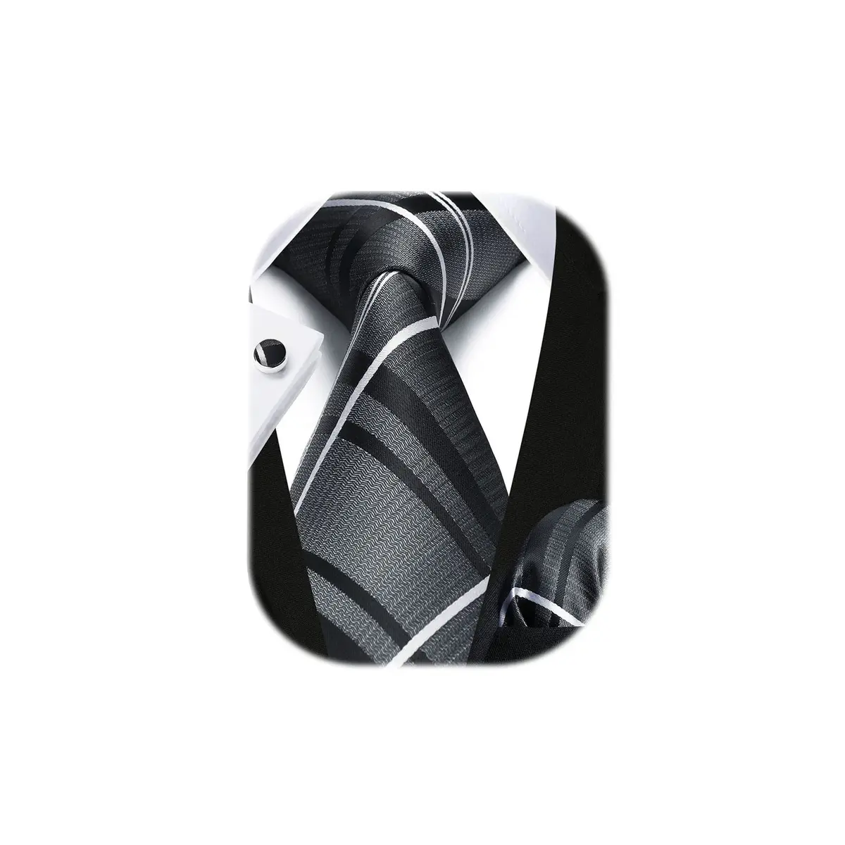HISDERN Gray and Black Stripe Tie Set for Men — 8.5 cm (3.4") Wide, 150 cm (59") Long - main product image