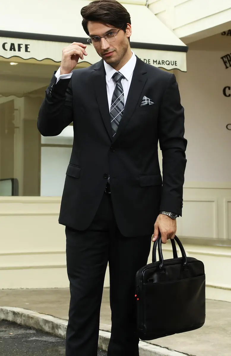 HISDERN Gray and Black Stripe Tie Set for Men — 8.5 cm (3.4") Wide, 150 cm (59") Long - view 5