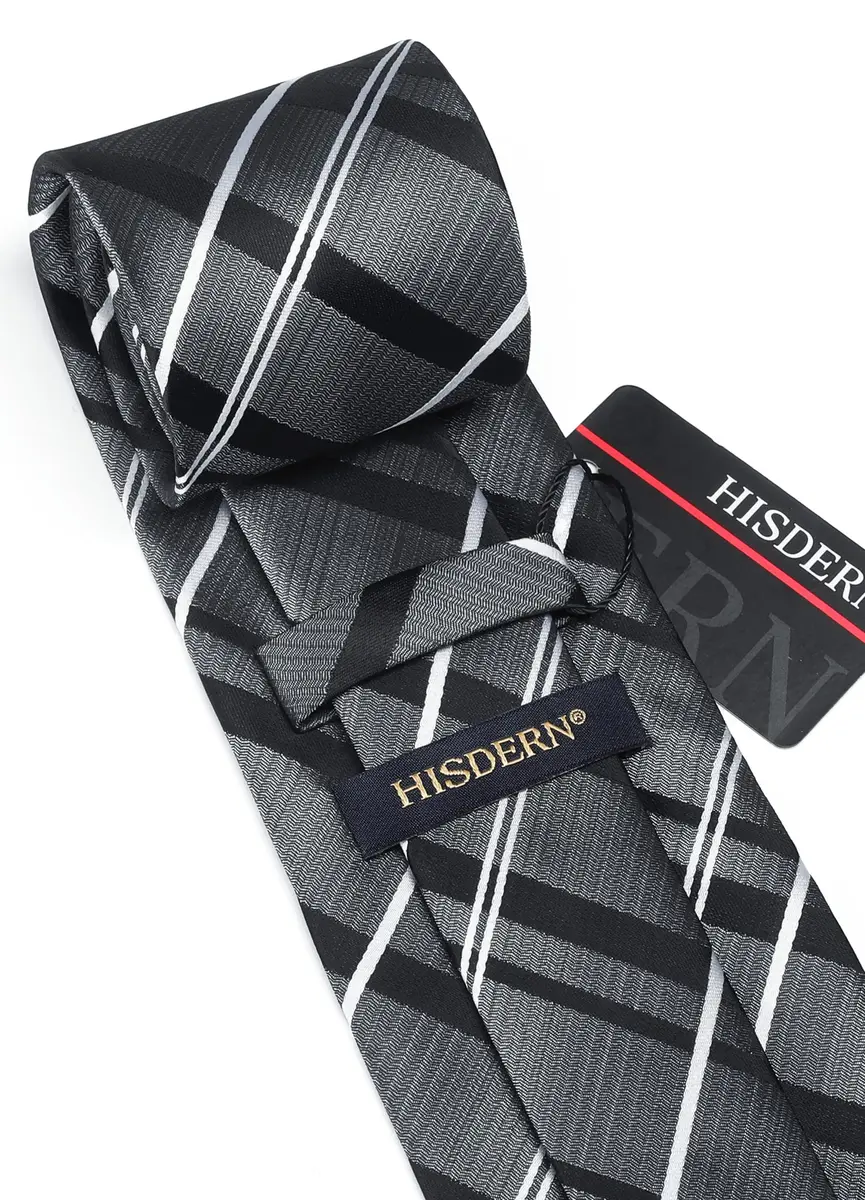 HISDERN Gray and Black Stripe Tie Set for Men — 8.5 cm (3.4") Wide, 150 cm (59") Long - view 6