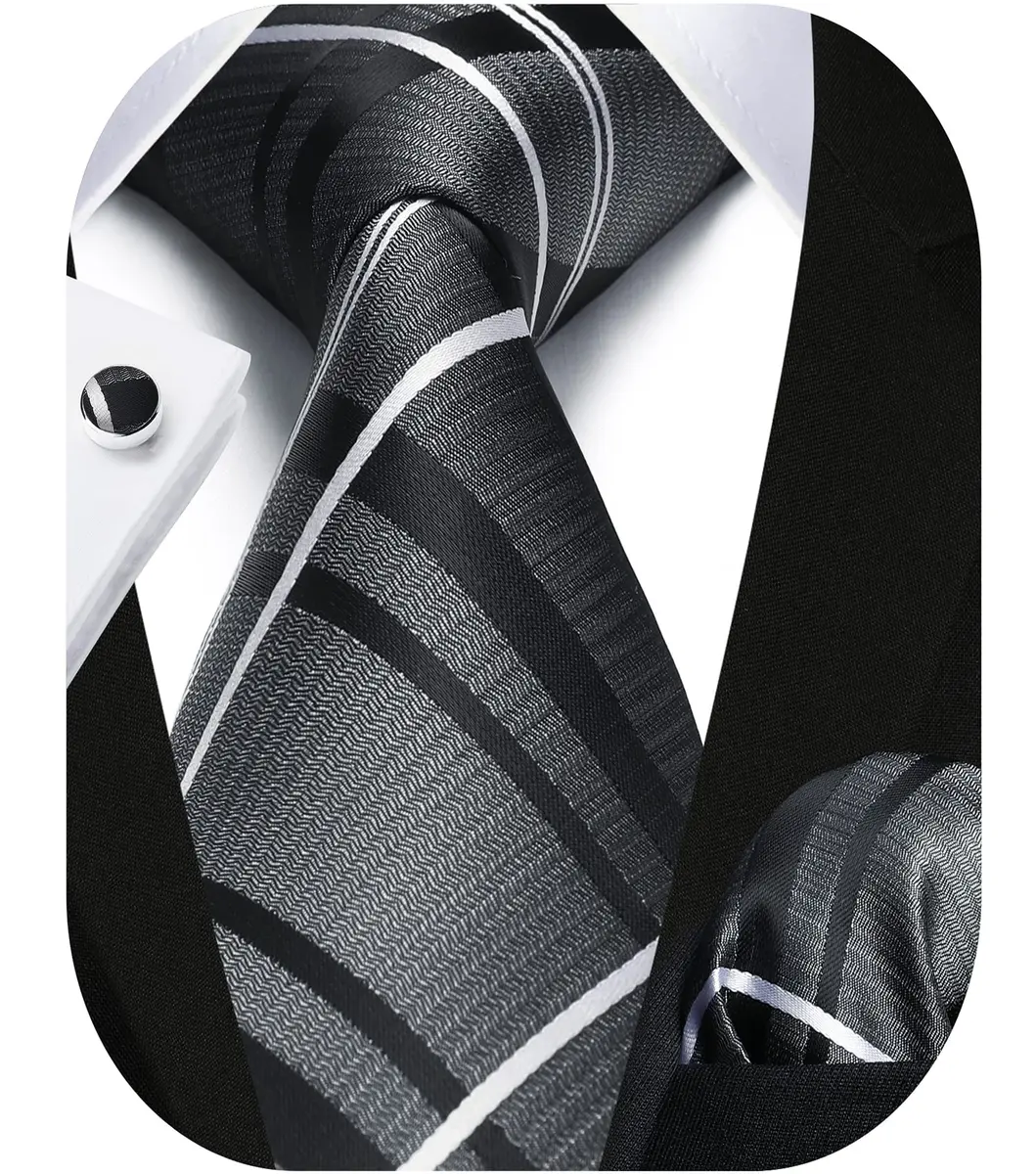 HISDERN Gray and Black Stripe Tie Set for Men — 8.5 cm (3.4") Wide, 150 cm (59") Long - view 9