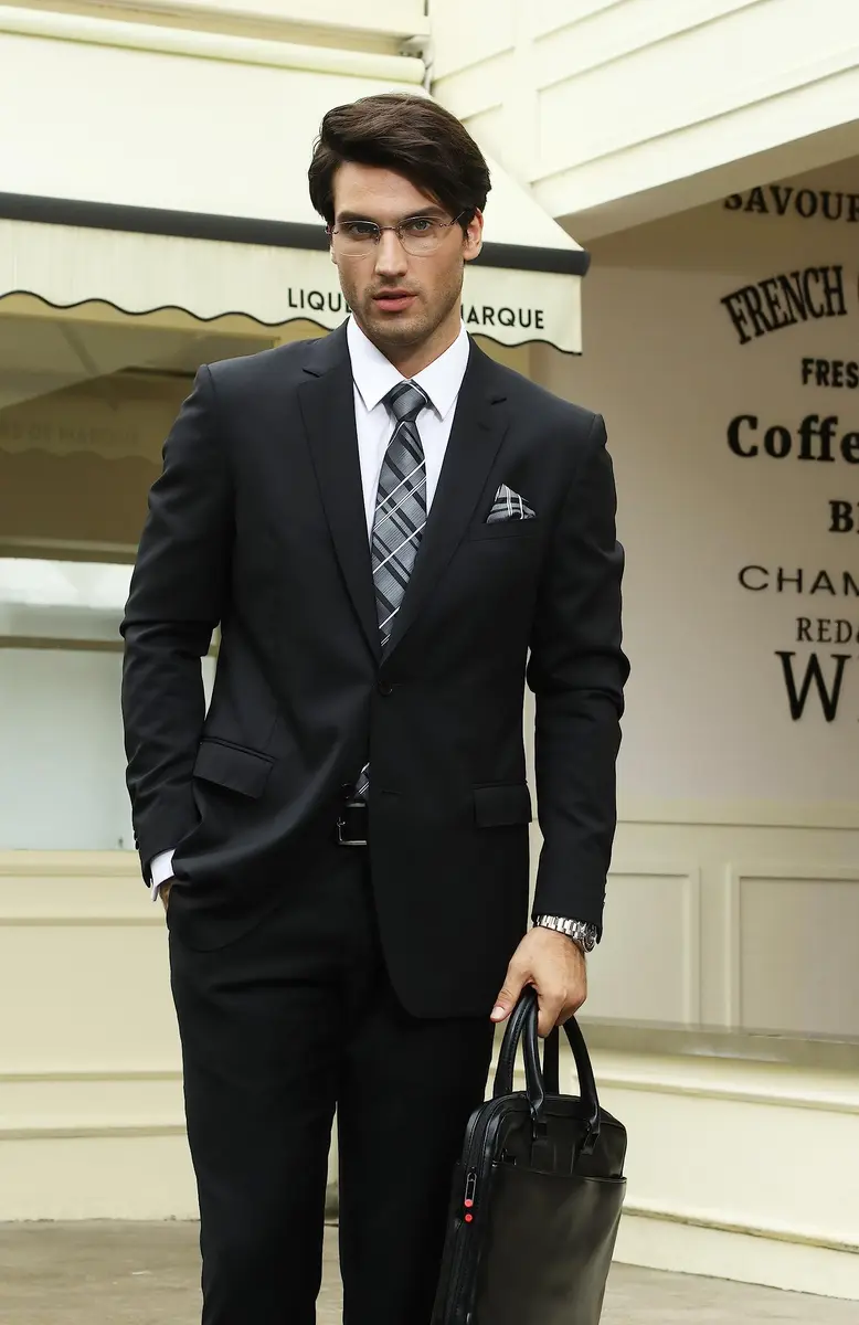 HISDERN Gray and Black Stripe Tie Set for Men — 8.5 cm (3.4") Wide, 150 cm (59") Long - view 2