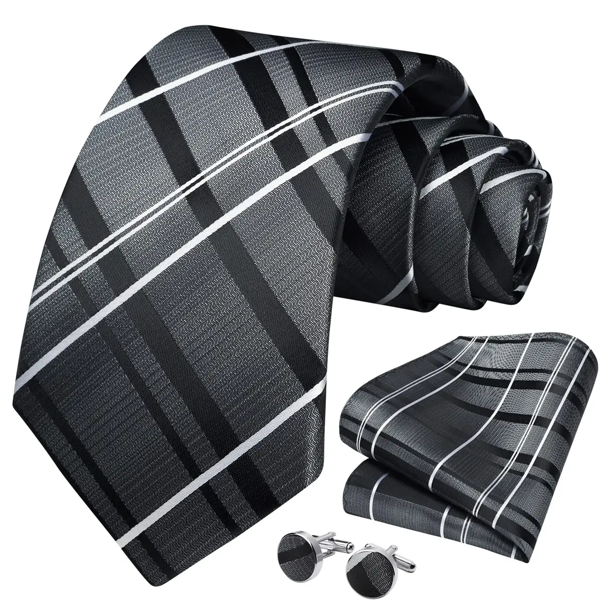 HISDERN Gray and Black Stripe Tie Set for Men — 8.5 cm (3.4") Wide, 150 cm (59") Long - view 3