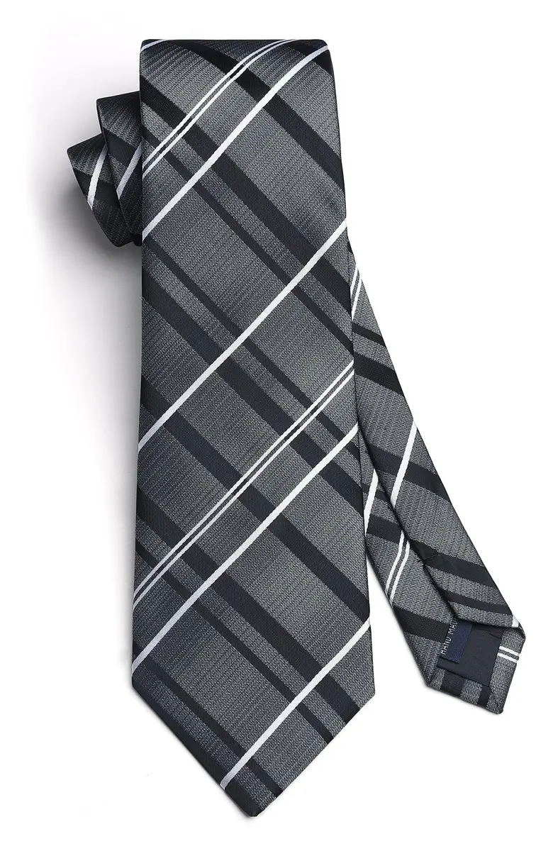 HISDERN Gray and Black Stripe Tie Set for Men — 8.5 cm (3.4") Wide, 150 cm (59") Long - view 4
