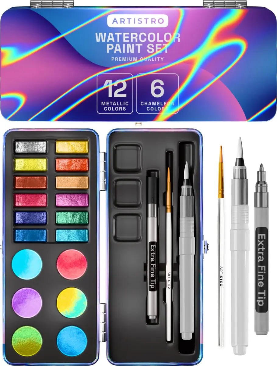 ARTISTRO Metallic Watercolor Paint Set with Palette & Brush Pens - 18 Color | High-Quality Artist Watercolors - main product image
