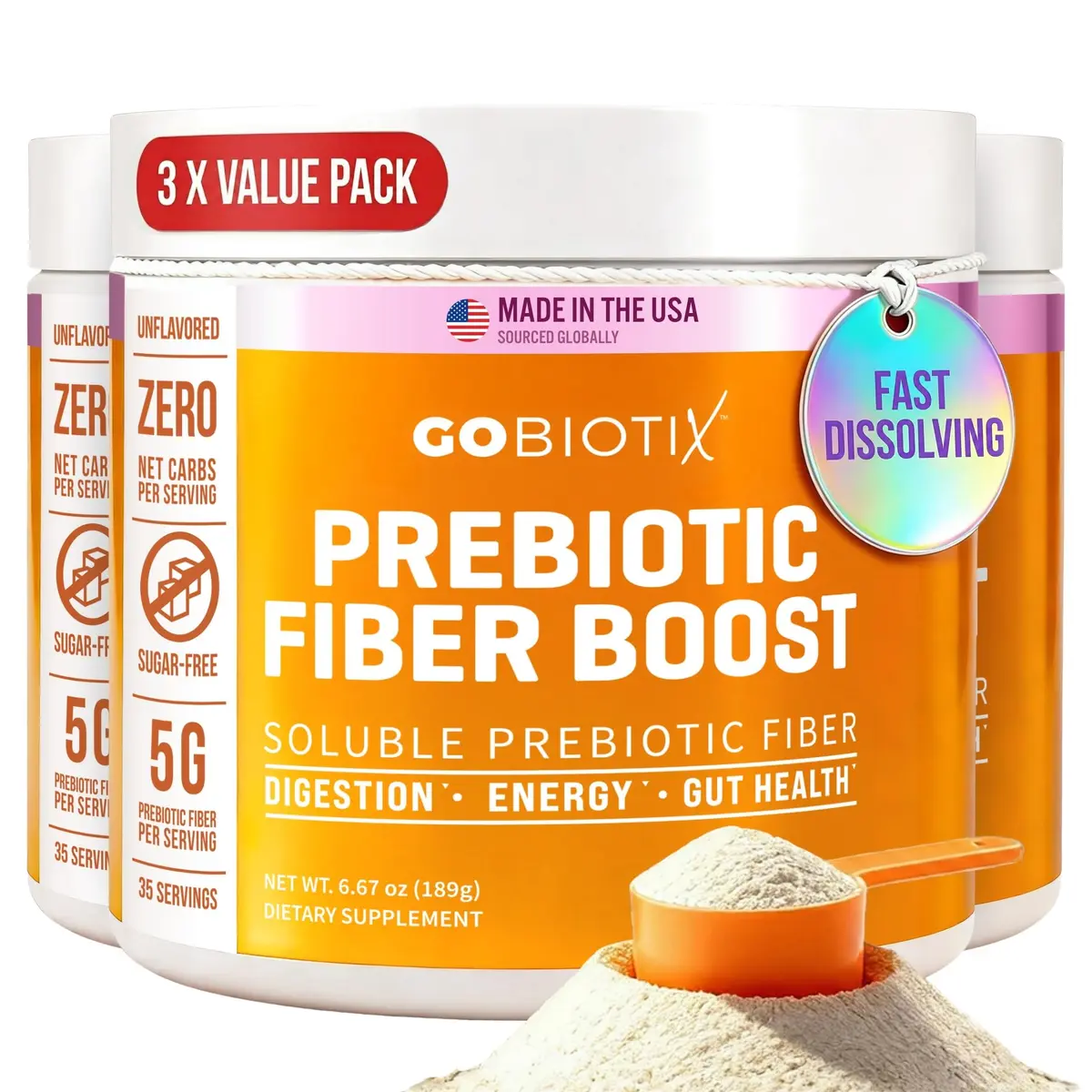 GOBIOTIX Fiber Supplement Powder with Prebiotics for Digestive Health and GLP-1 Support, Soluble Fiber for Gut Health & Debloat, Keto, Vegan, Gluten & Sugar Free, 35 Servings (3 Pack) - main product image