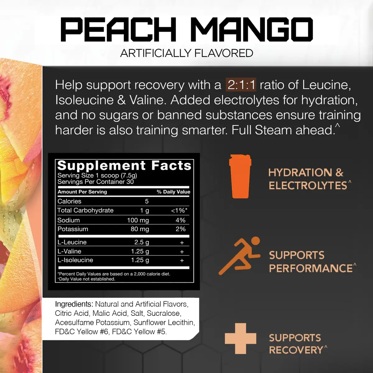 Rival Nutrition Steam BCAA Powder Peach Mango | 30 Servings | 5g BCAAs + Electrolytes for Recovery & Hydration - view 4
