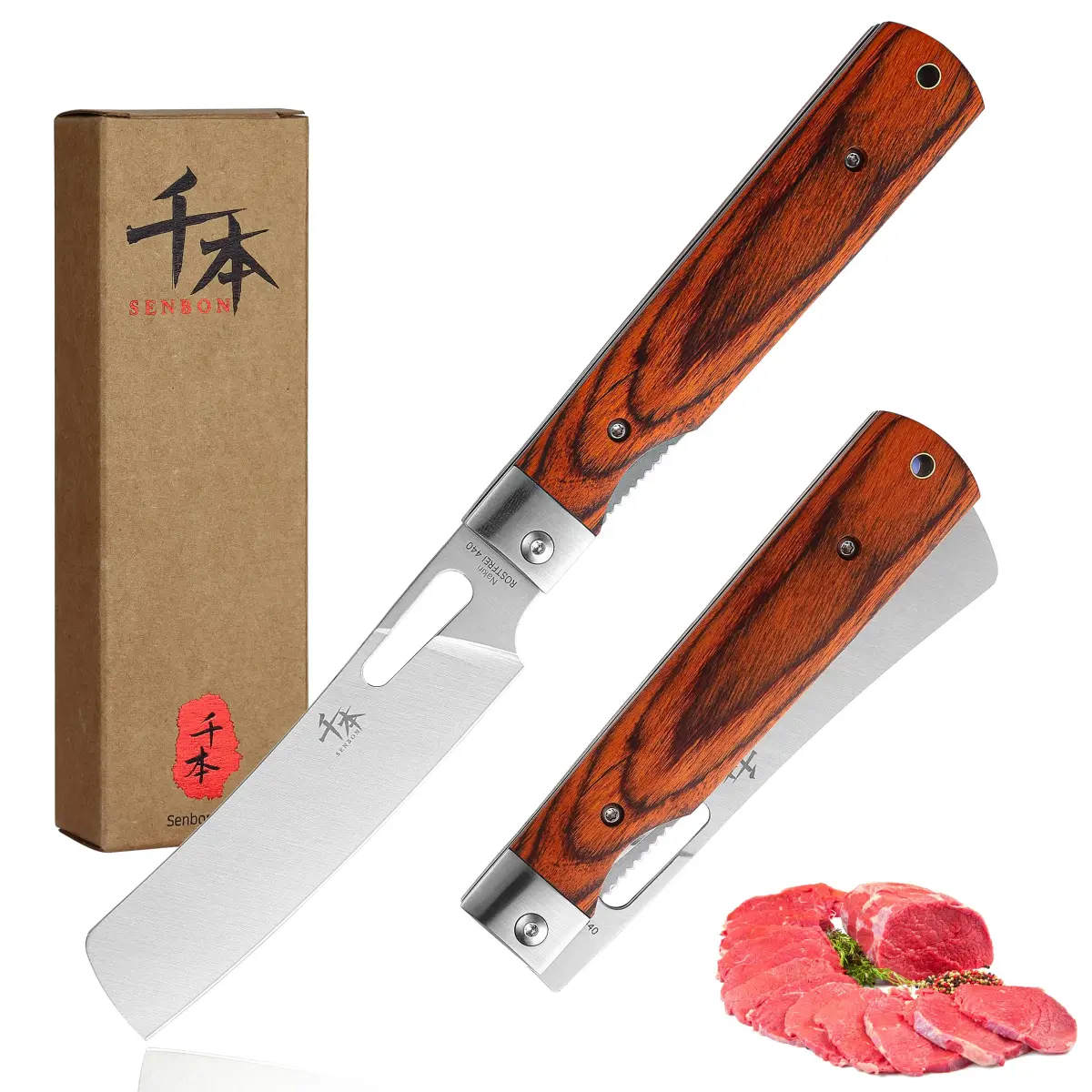 SENBON 440A Stainless Steel Folding Chef Knife 11.8cm (4.65in) Blade | Hand-Polished Olive Wood Handle - main product image